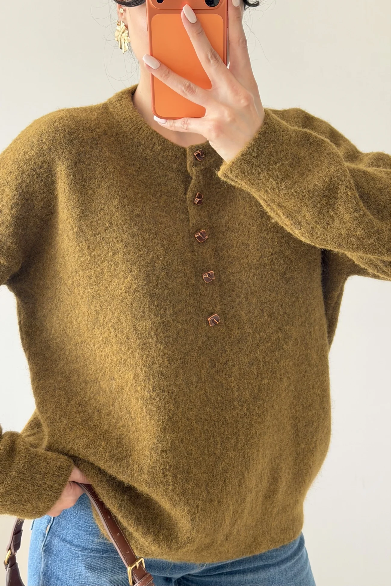 Kadın Haki Düğmeli Açık Yaka Kazak 1014-2464