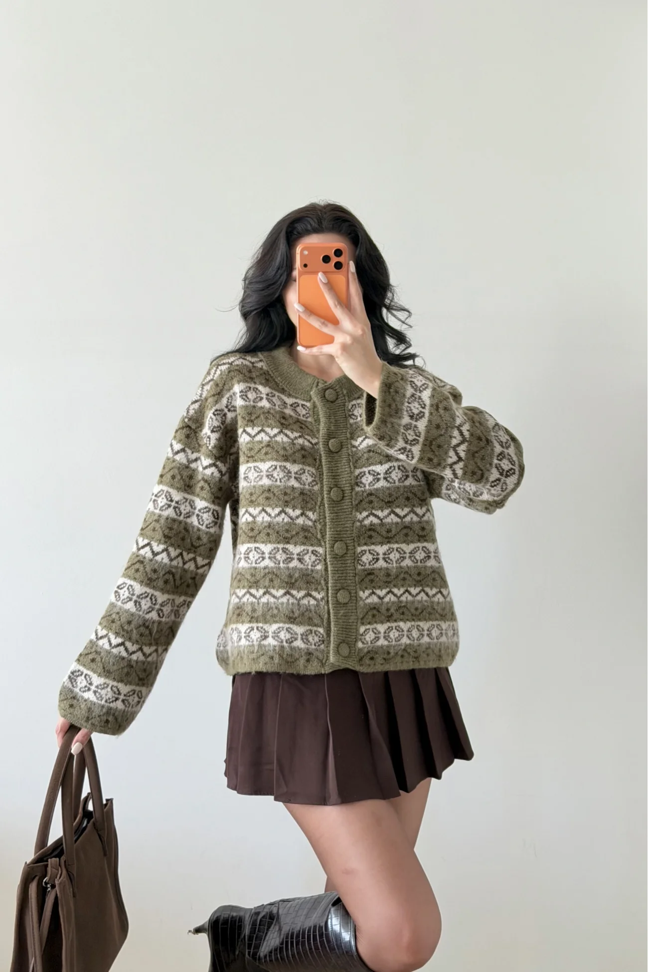 Kadın Haki Etnik Desen Oversize Hırka 1014-2566