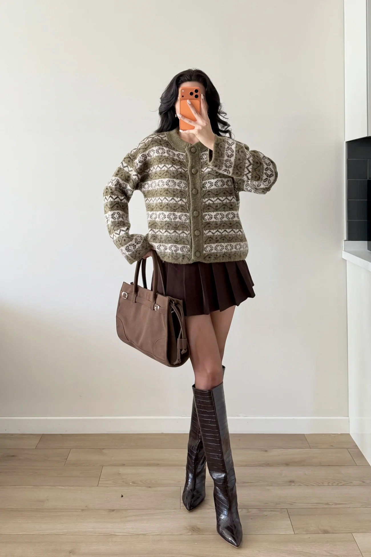 Kadın Haki Etnik Desen Oversize Hırka 1014-2566