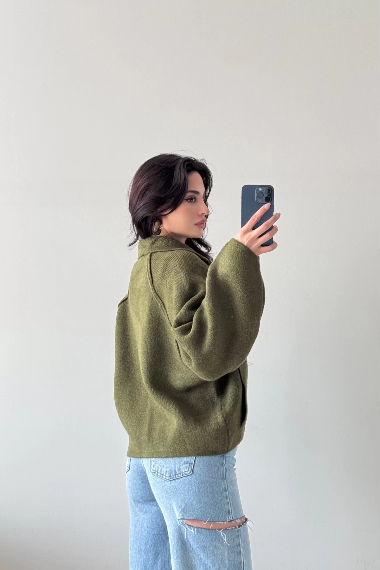 Kadın Haki Fermuarlı Oversize Hırka 1014-2381