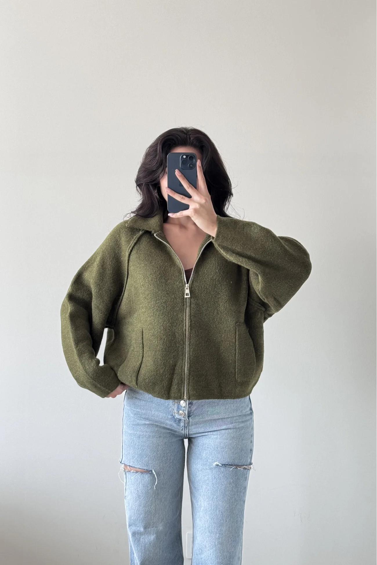 Kadın Haki Fermuarlı Oversize Hırka 1014-2381