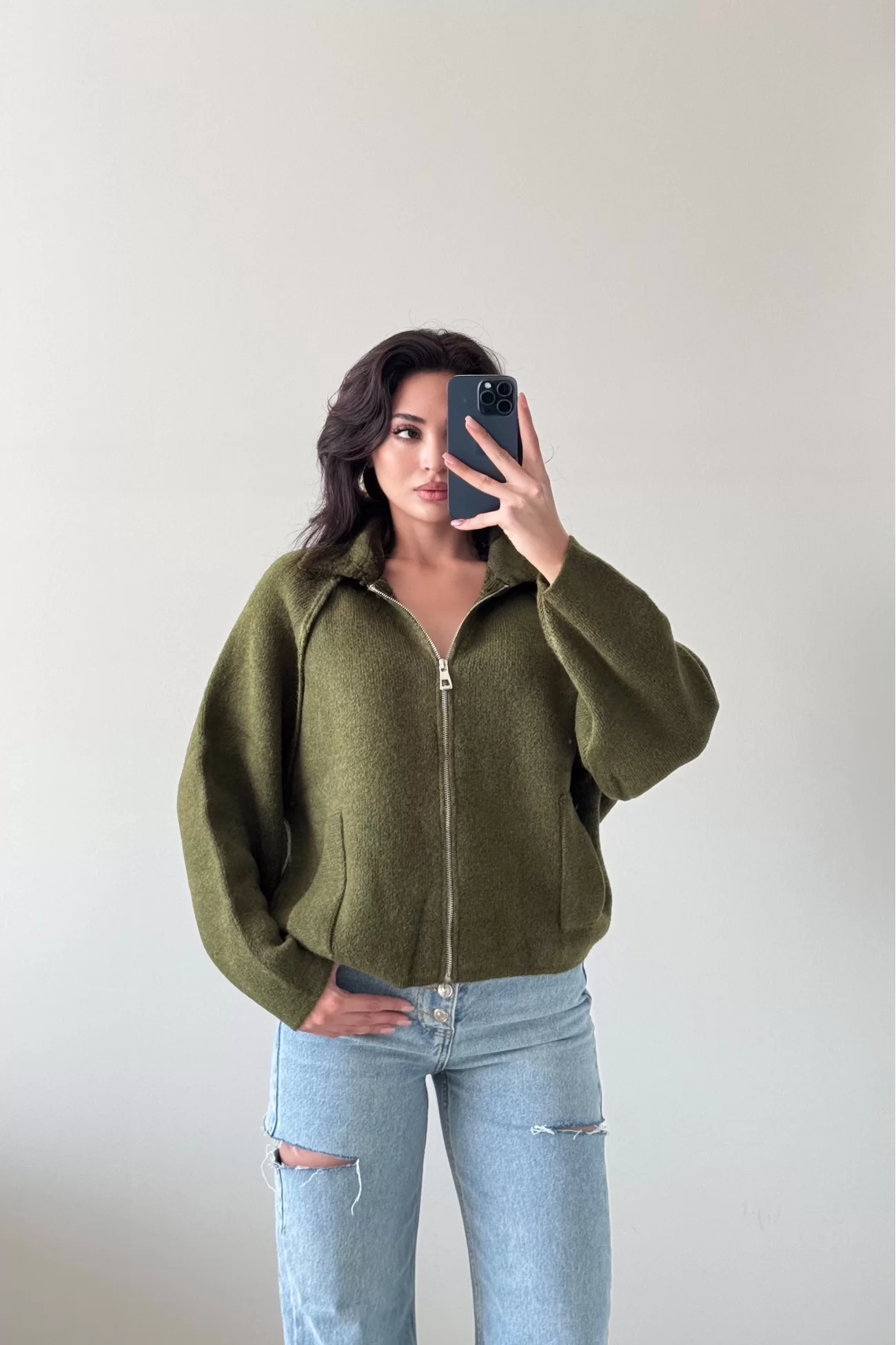 Kadın Haki Fermuarlı Oversize Hırka 1014-2381