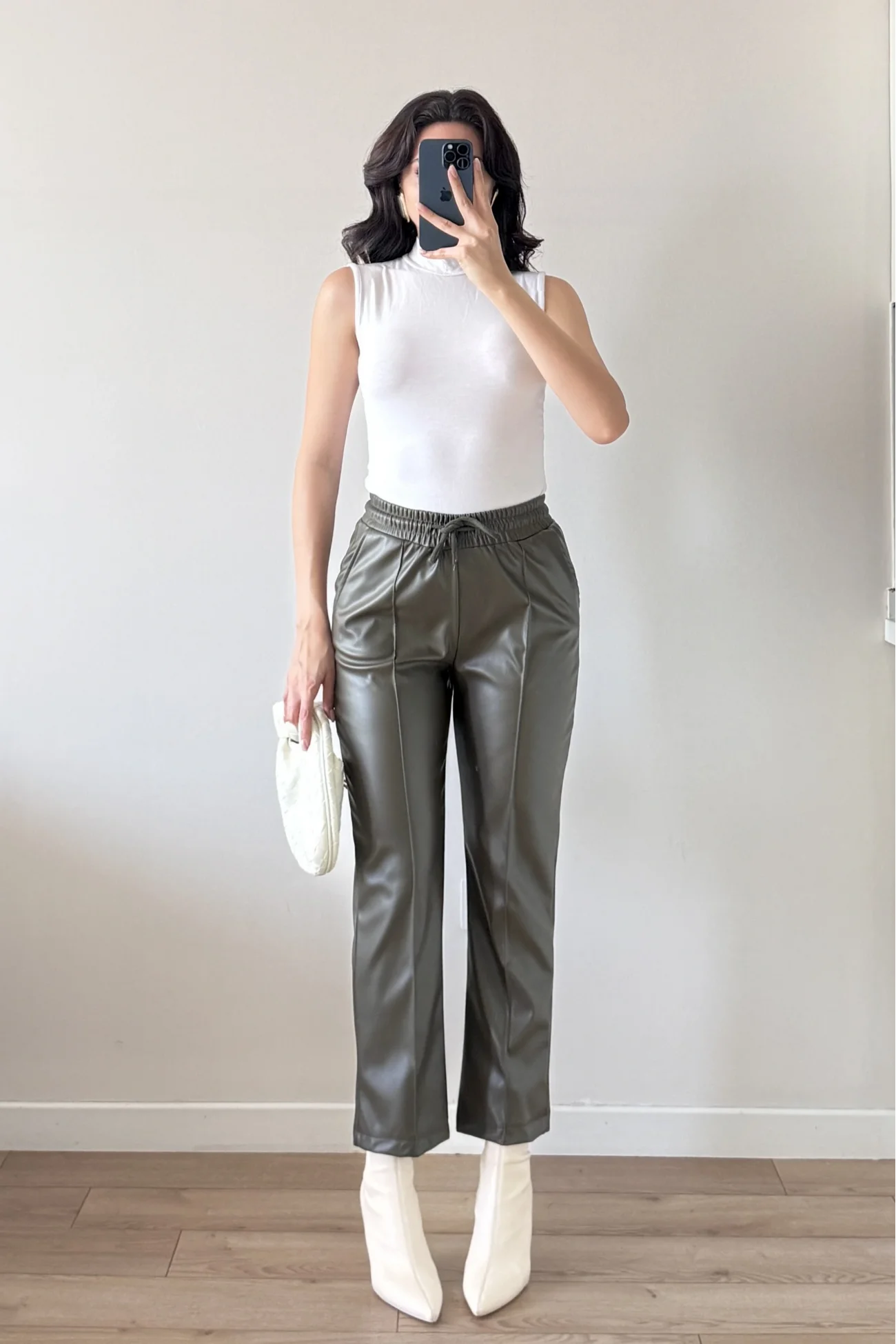 Kadın Haki Lastikli Çımalı Deri Pantolon 30322