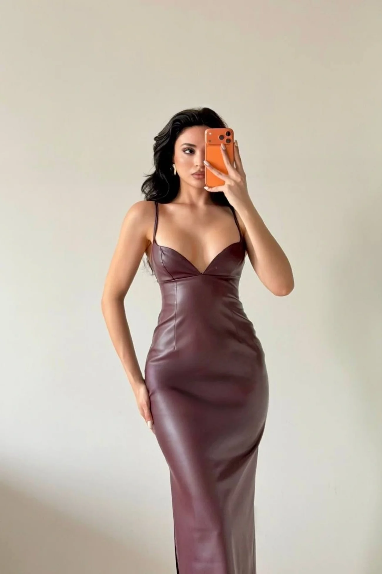 Kadın Bordo Askılı Deri Elbise 1041-2756