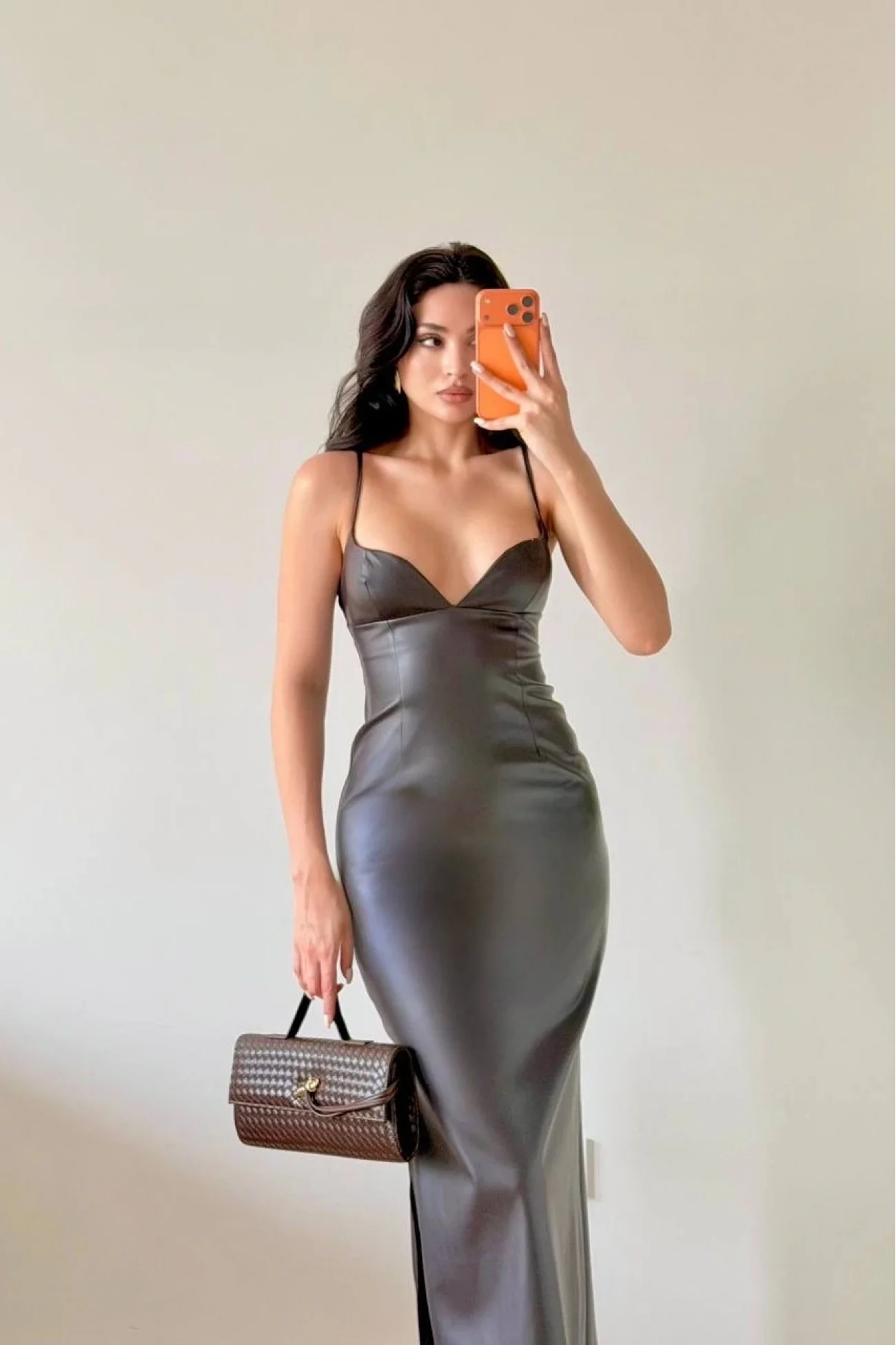 Kadın Kahve Askılı Deri Elbise 1041-2756