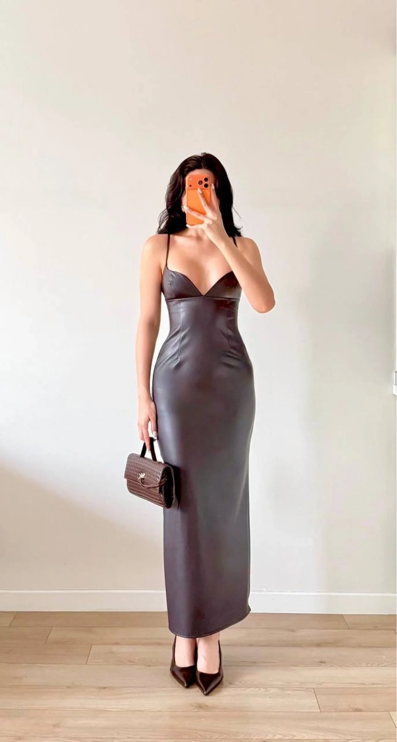 Kadın Kahve Askılı Deri Elbise 1041-2756