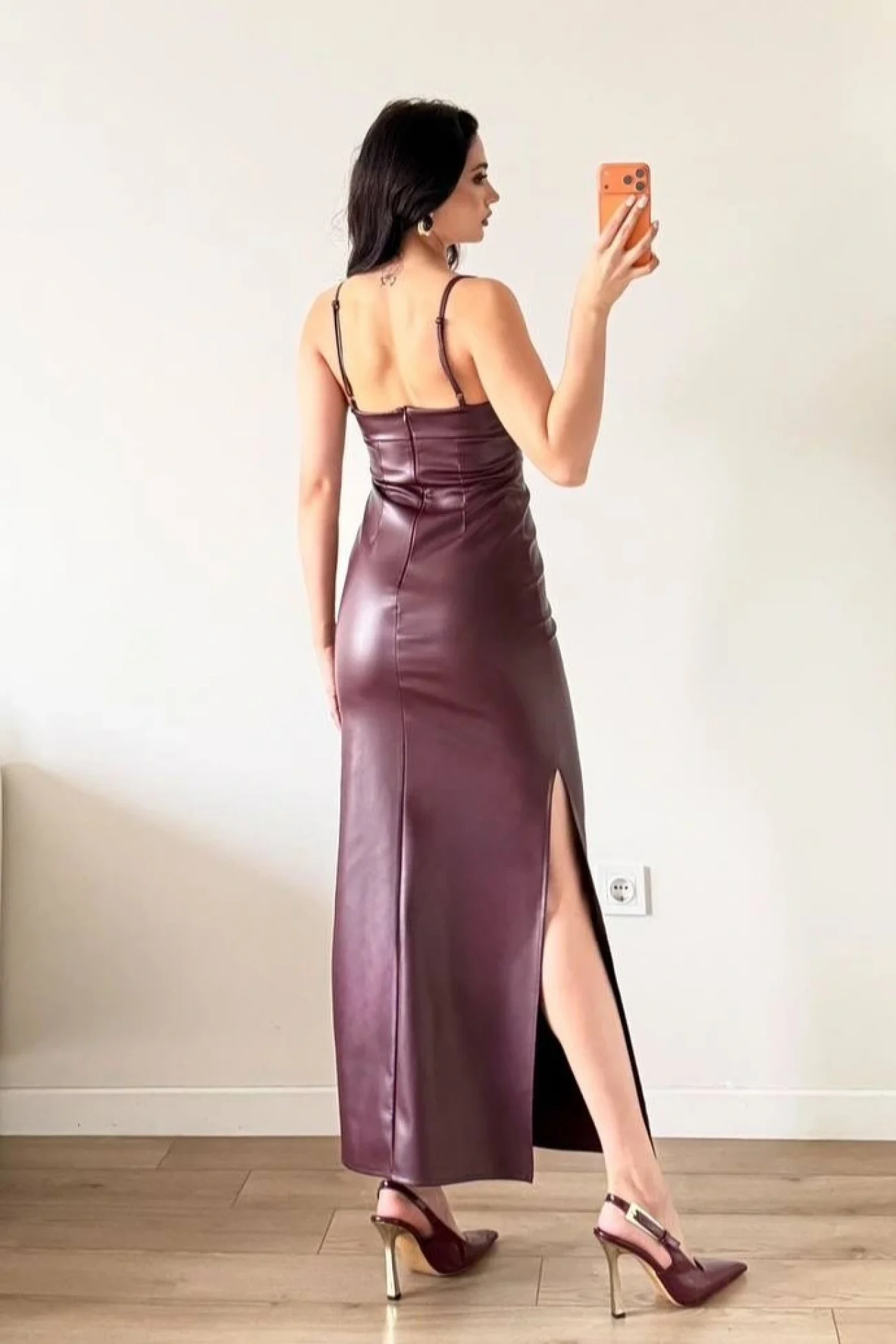 Kadın Bordo Askılı Deri Elbise 1041-2756