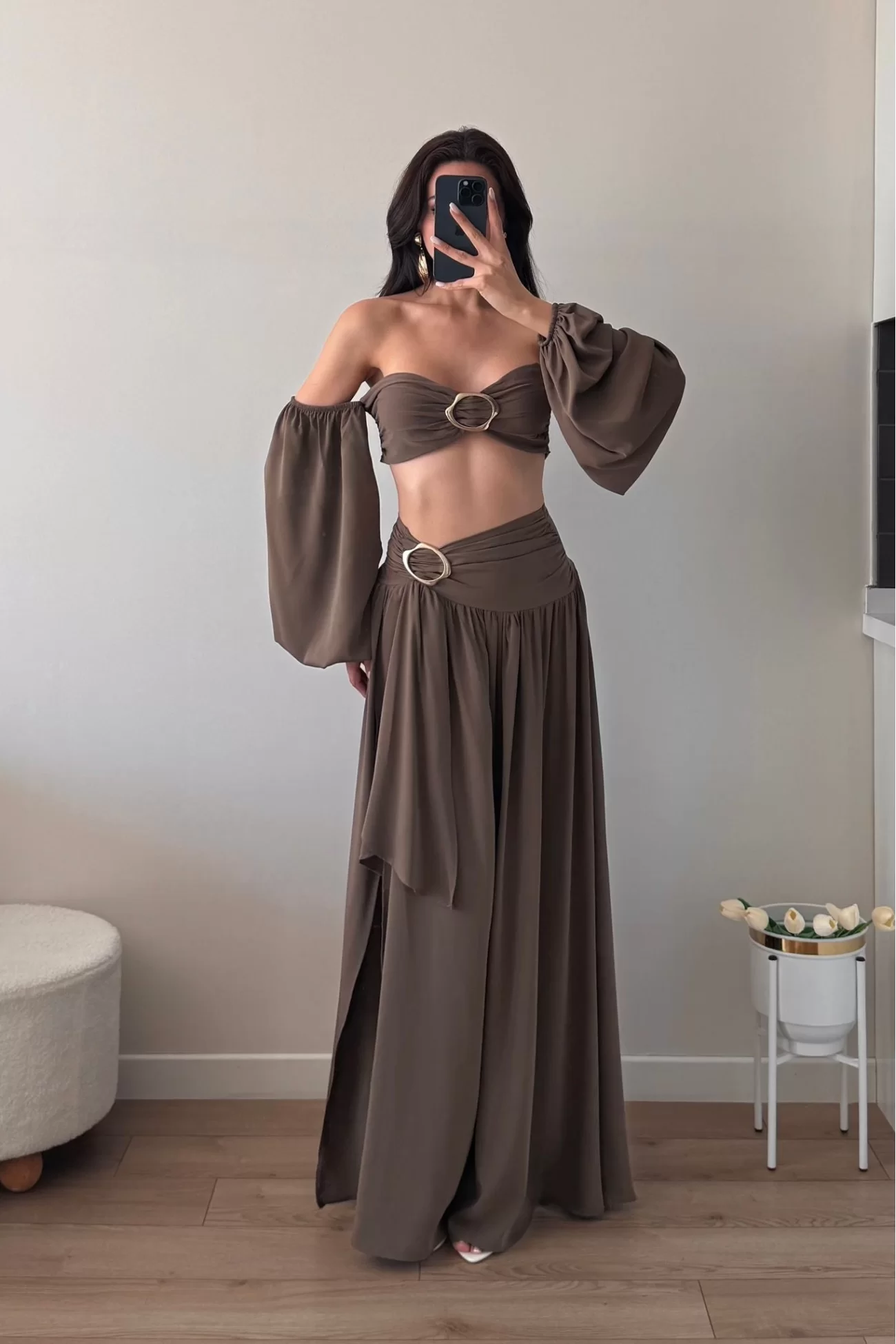 Kadın Kahve Crop Etek Takım 1041-3234