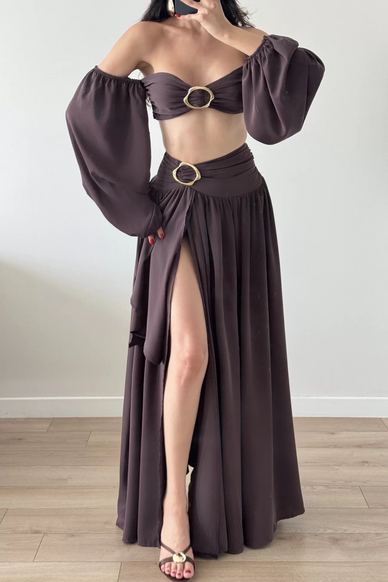 Kadın Kahve Crop Etek Takım 1041-3234