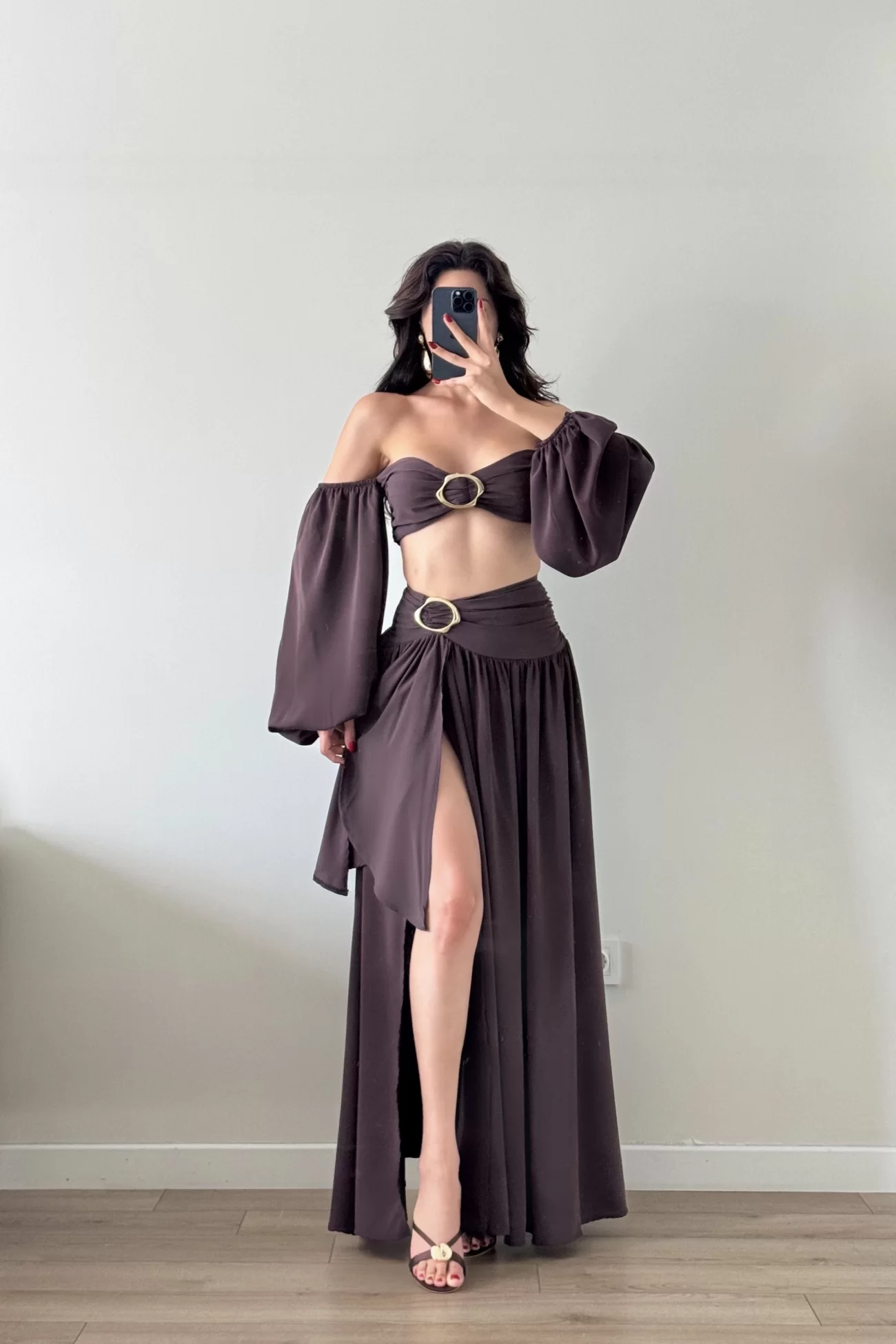 Kadın Kahve Crop Etek Takım 1041-3234