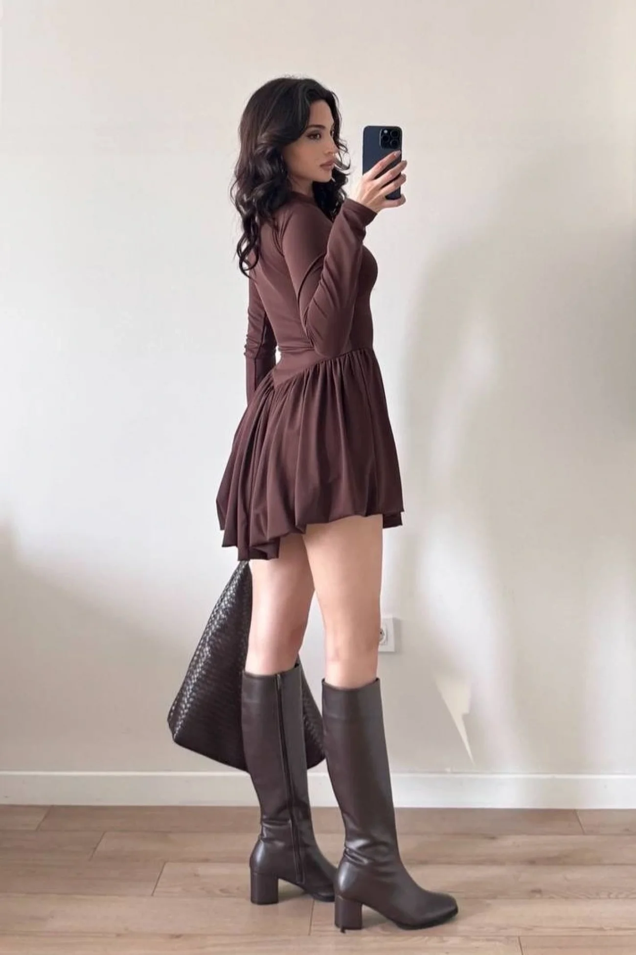 Kadın Kahve Dalgç Kumaş Balon Elbise 1041-2717