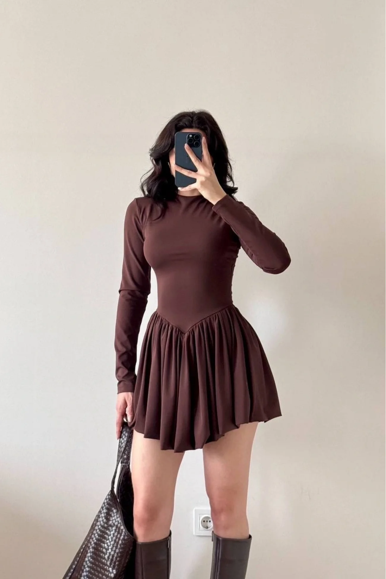 Kadın Kahve Dalgç Kumaş Balon Elbise 1041-2717