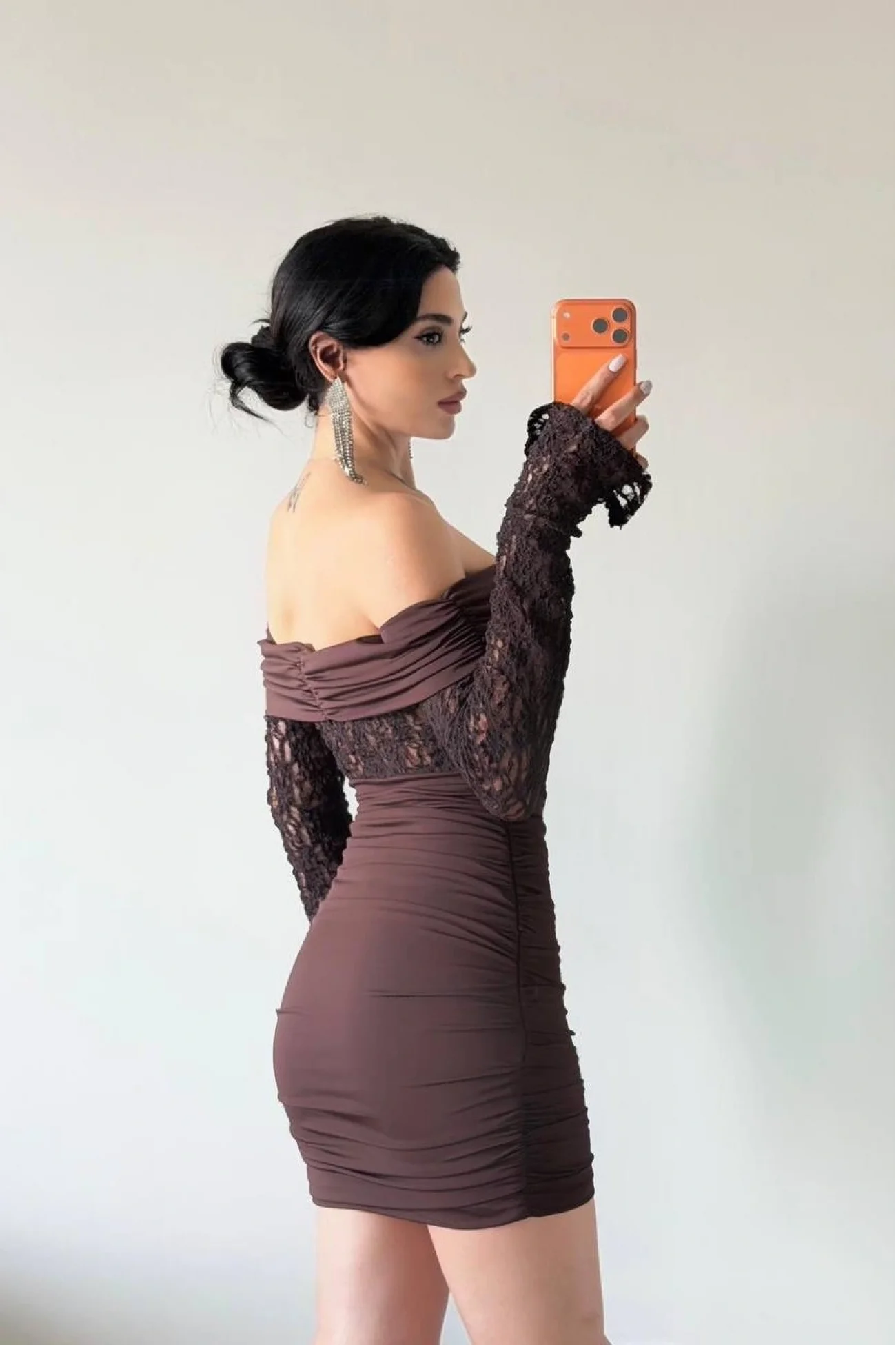 Kadın Kahve Dantelli Bel ve Göğüs Büzgülü Elbise 1041-2728