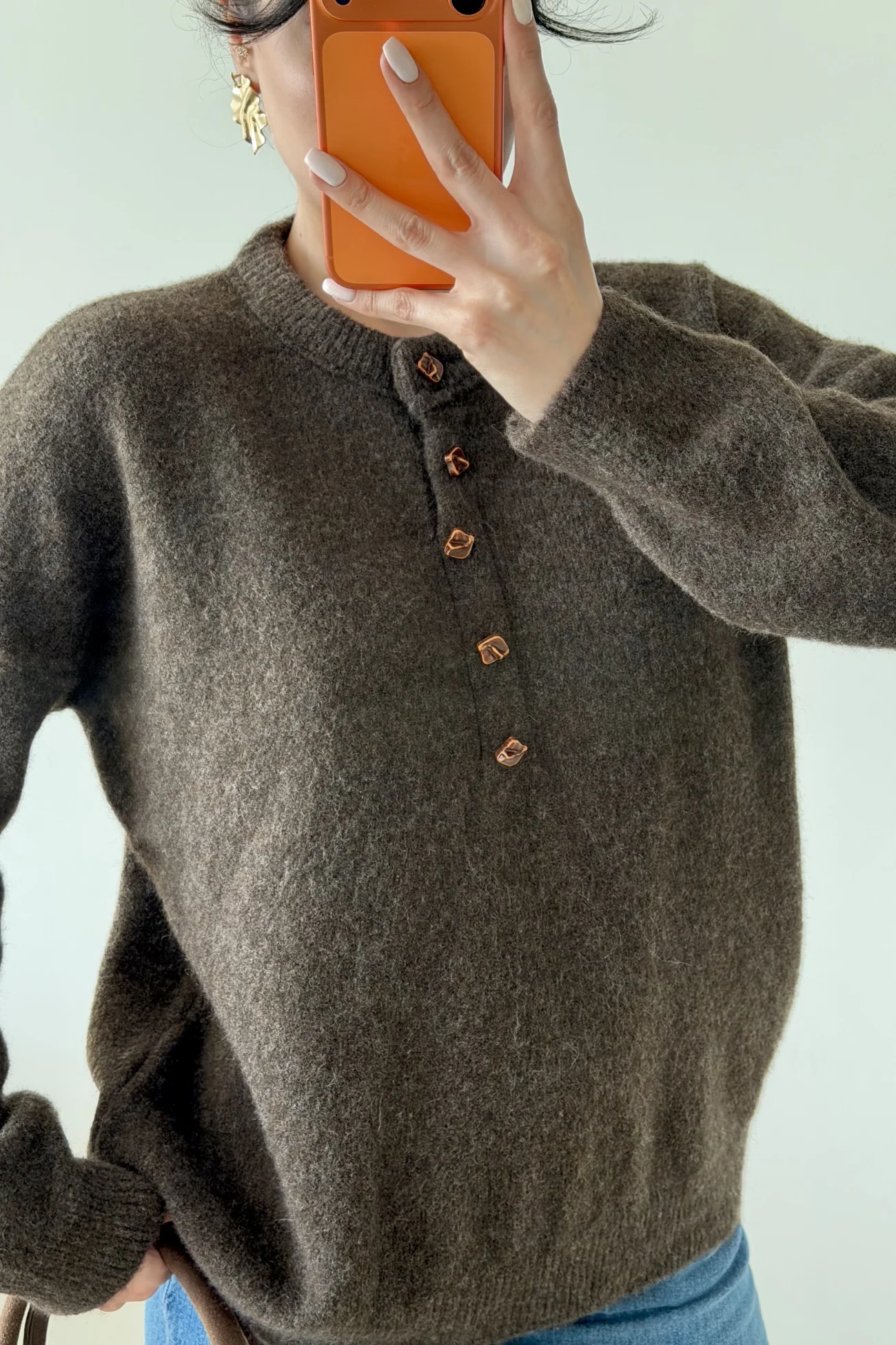 Kadın Kahve Düğmeli Açık Yaka Kazak 1014-2464