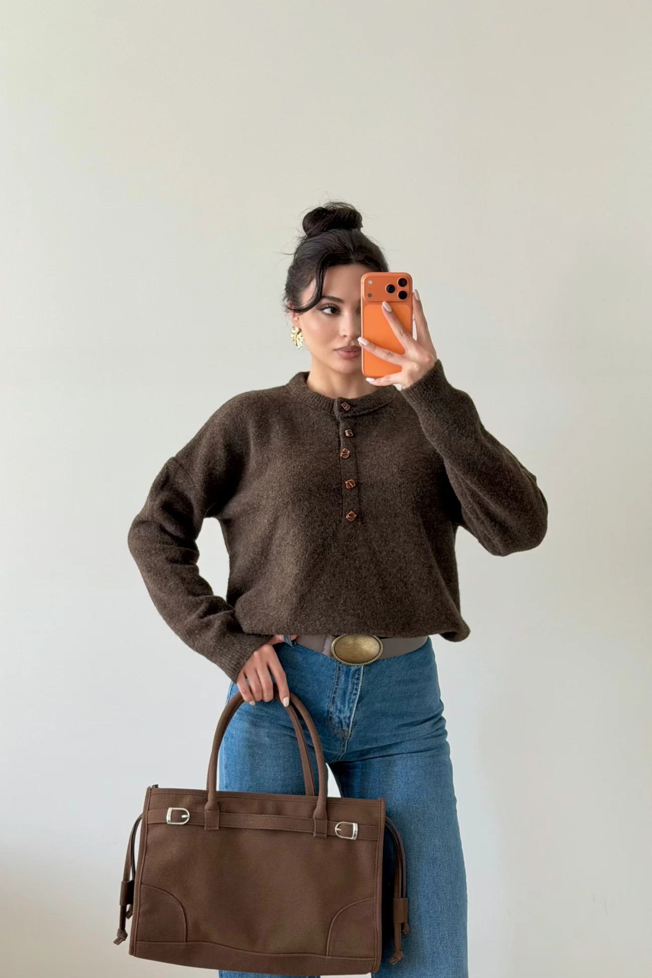 Kadın Kahve Düğmeli Açık Yaka Kazak 1014-2464