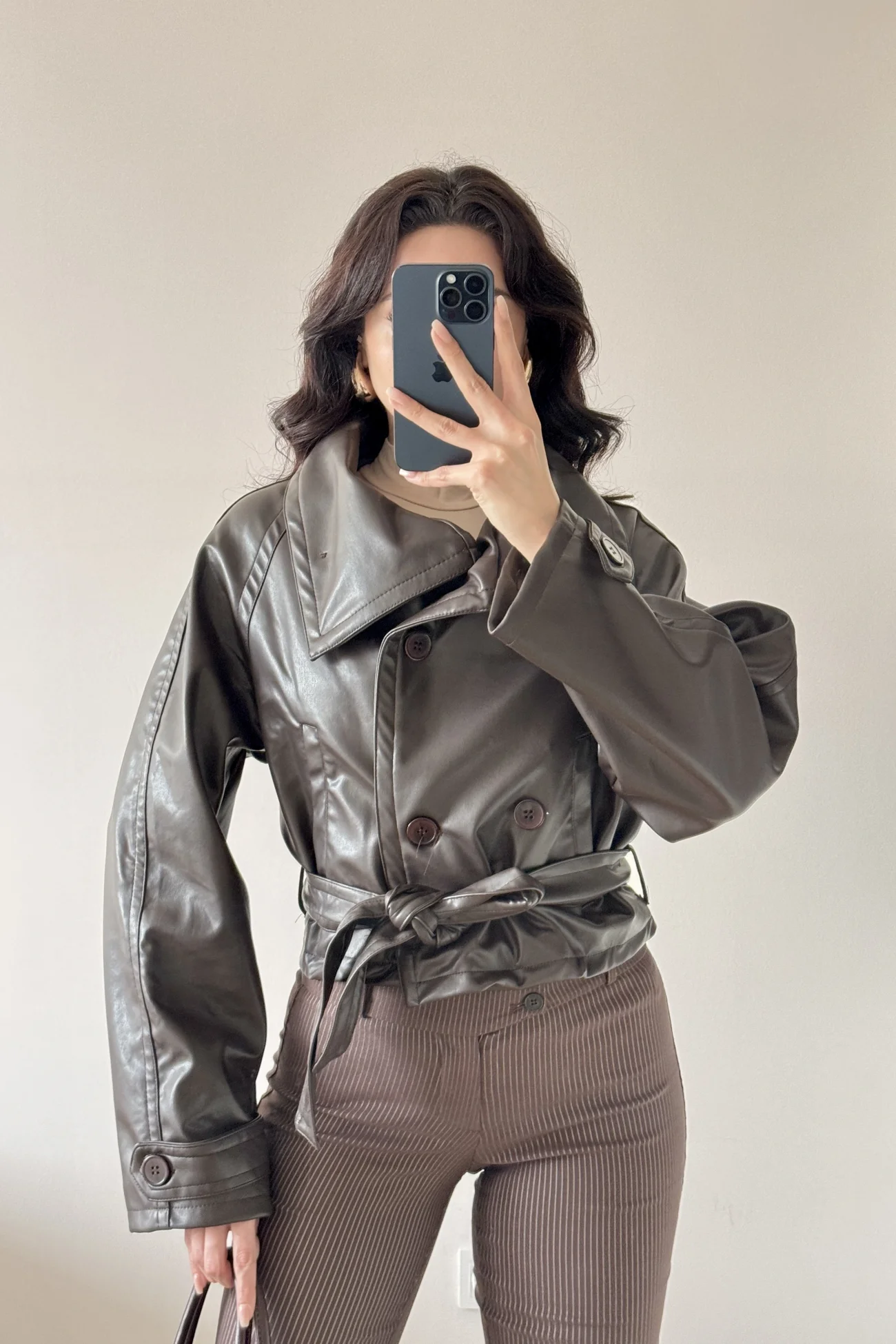 Kadın Kahve Düğmeli İnce Deri Ceket 0999-8505