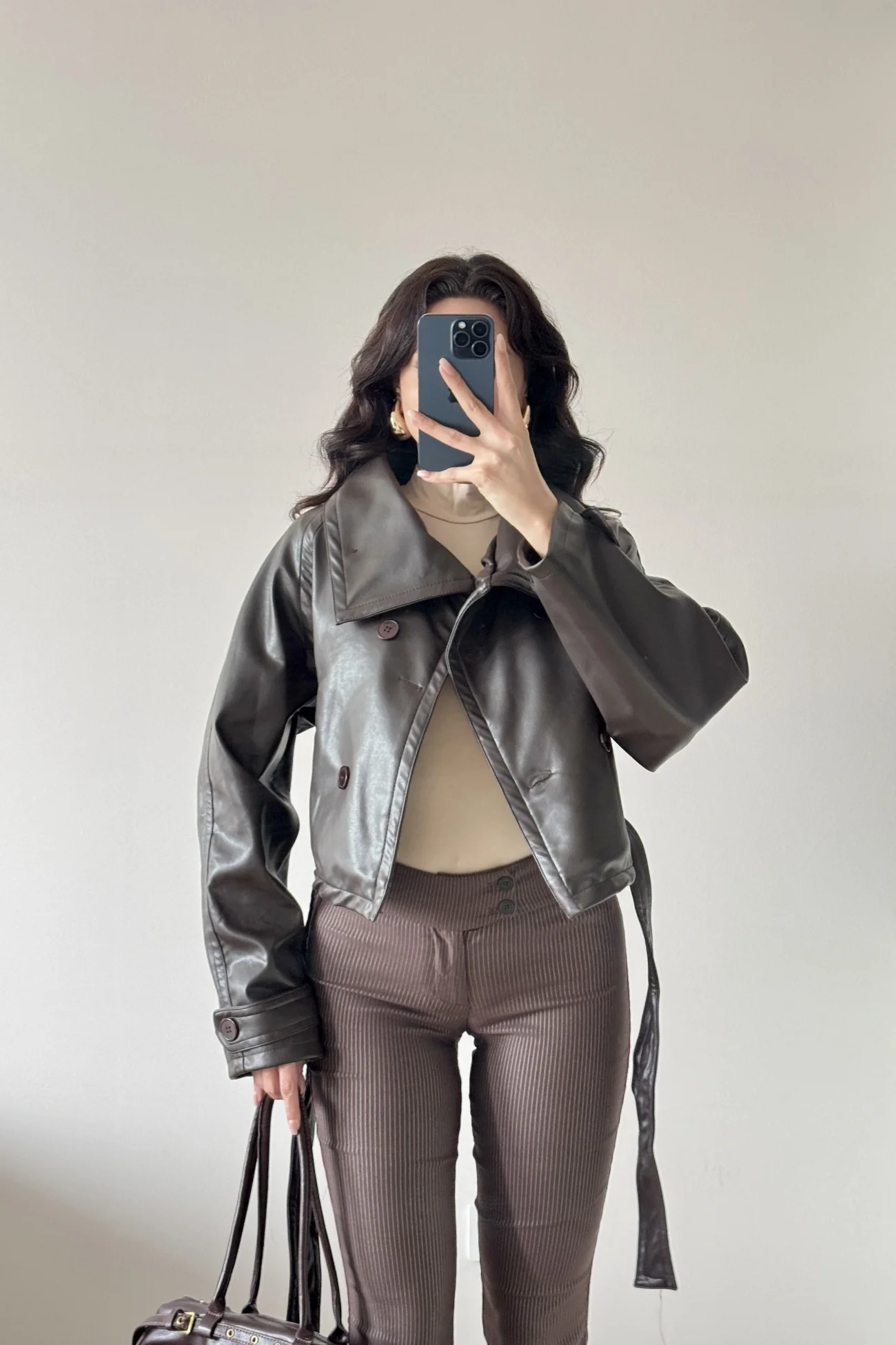 Kadın Kahve Düğmeli İnce Deri Ceket 0999-8505