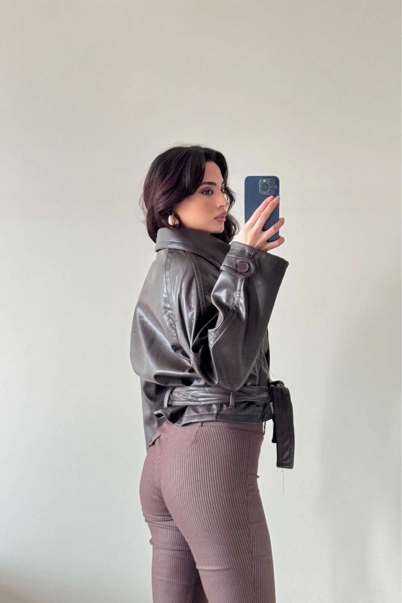 Kadın Kahve Düğmeli İnce Deri Ceket 0999-8505