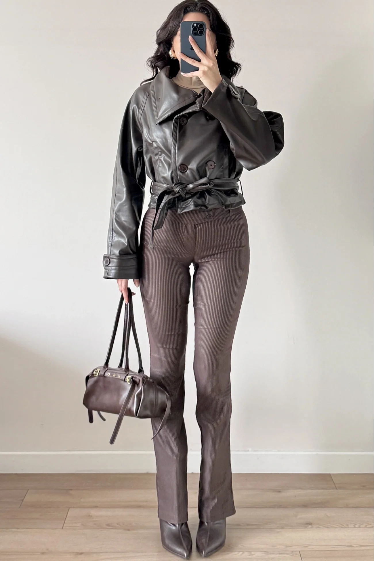 Kadın Kahve Düğmeli İnce Deri Ceket 0999-8505