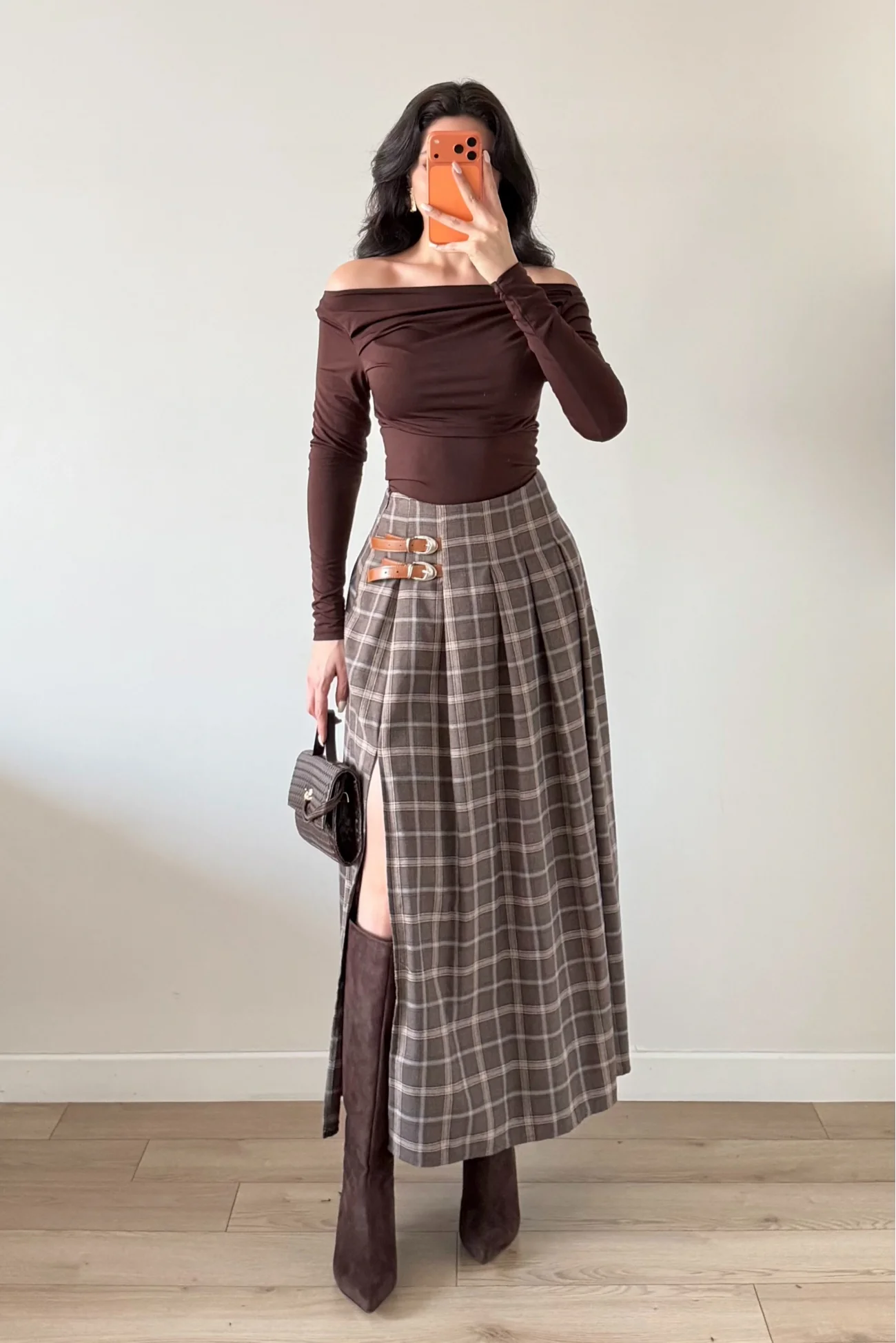 Kadın Kahve Ekose Etek 6831