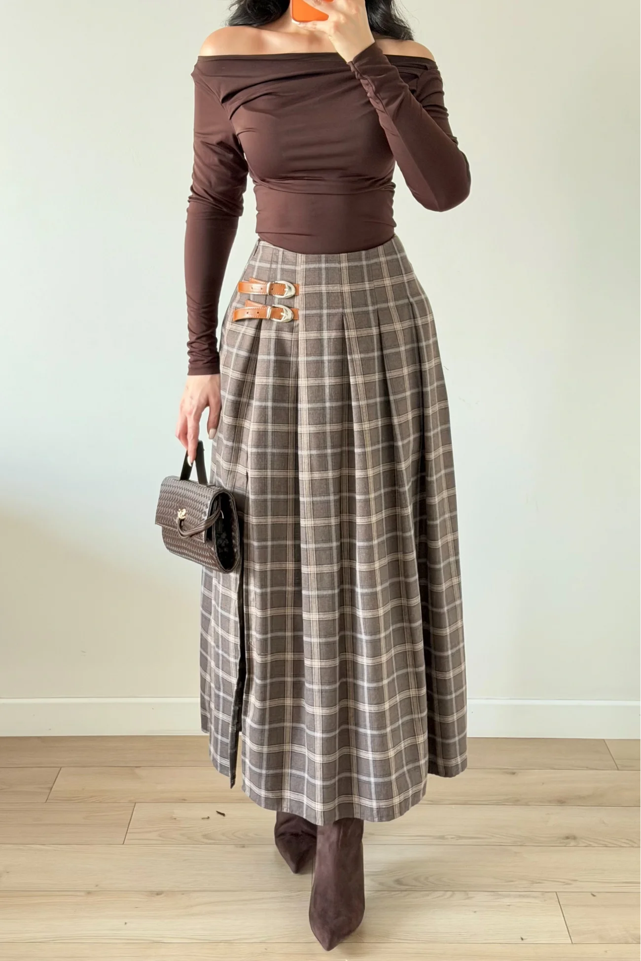 Kadın Kahve Ekose Etek 6831