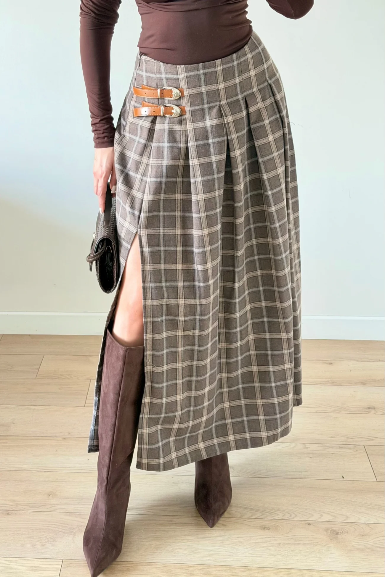 Kadın Kahve Ekose Etek 6831