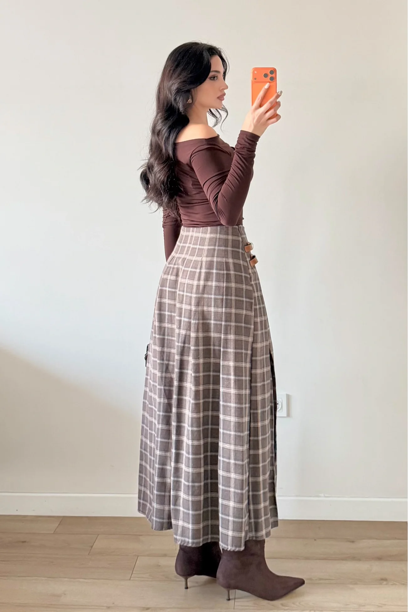 Kadın Kahve Ekose Etek 6831