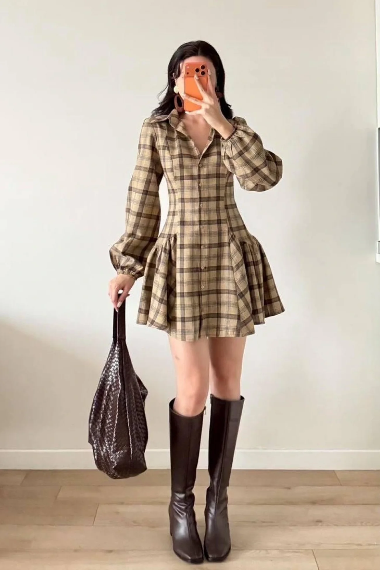 Kadın Kahve Ekose Gömlek Elbise 1041-2743