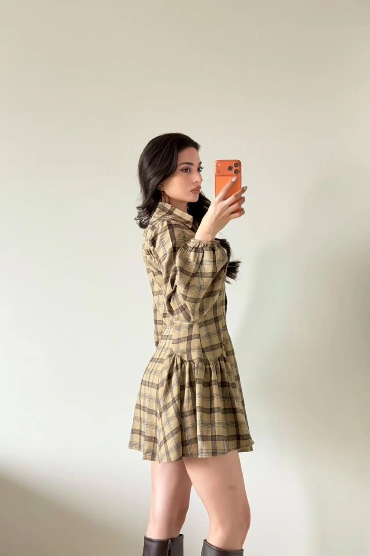 Kadın Kahve Ekose Gömlek Elbise 1041-2743