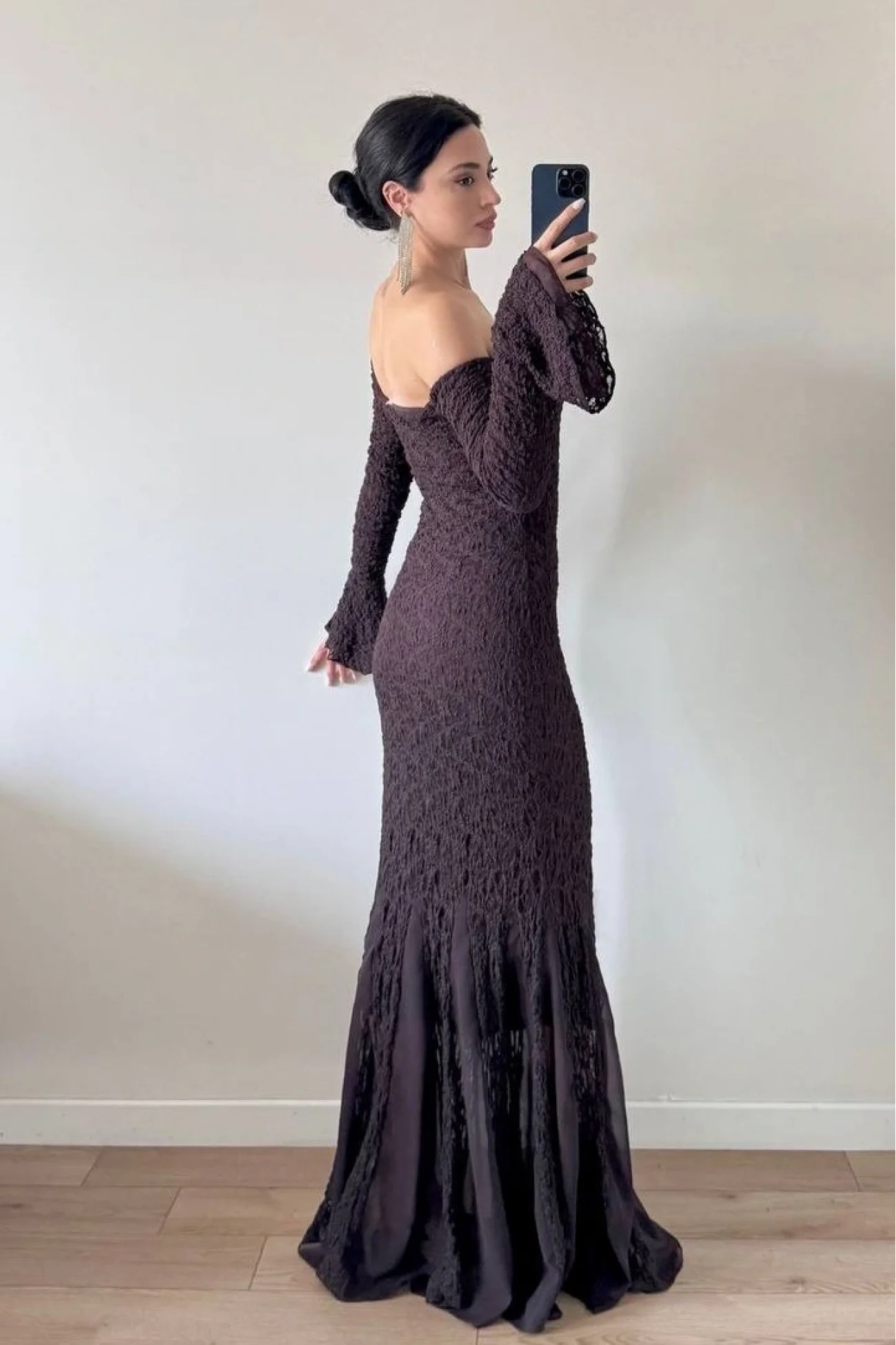 Kadın Kahve Etek Şifon Garni detaylı Dantel Elbise 1041-2738