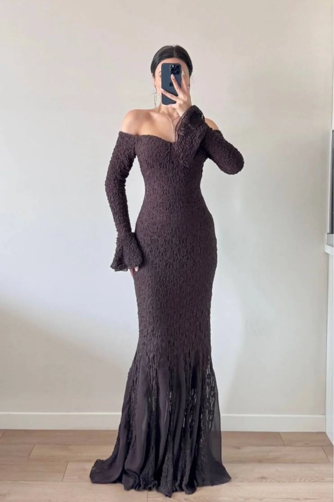 Kadın Kahve Etek Şifon Garni detaylı Dantel Elbise 1041-2738