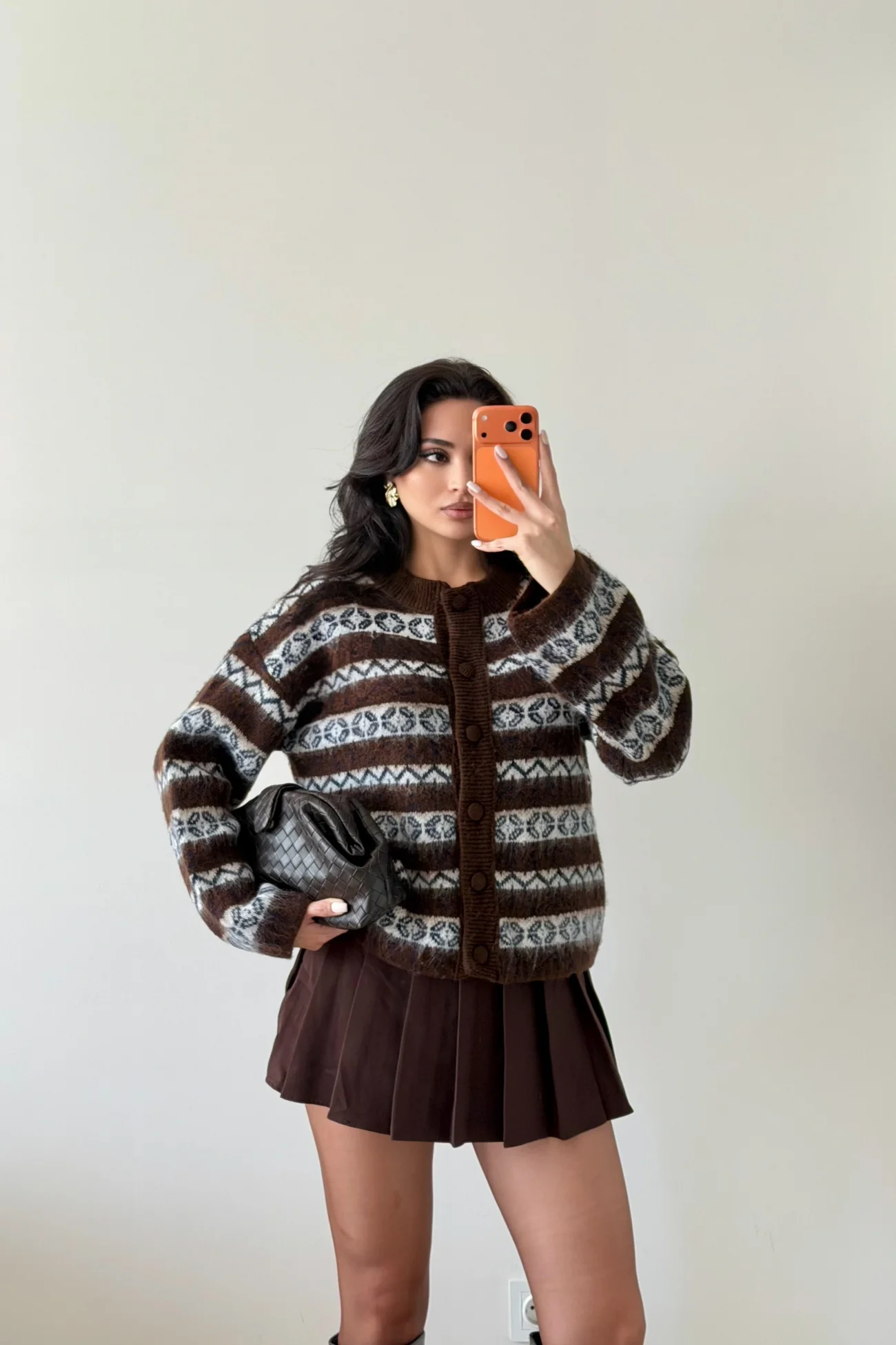 Kadın Kahve Etnik Desen Oversize Hırka 1014-2566