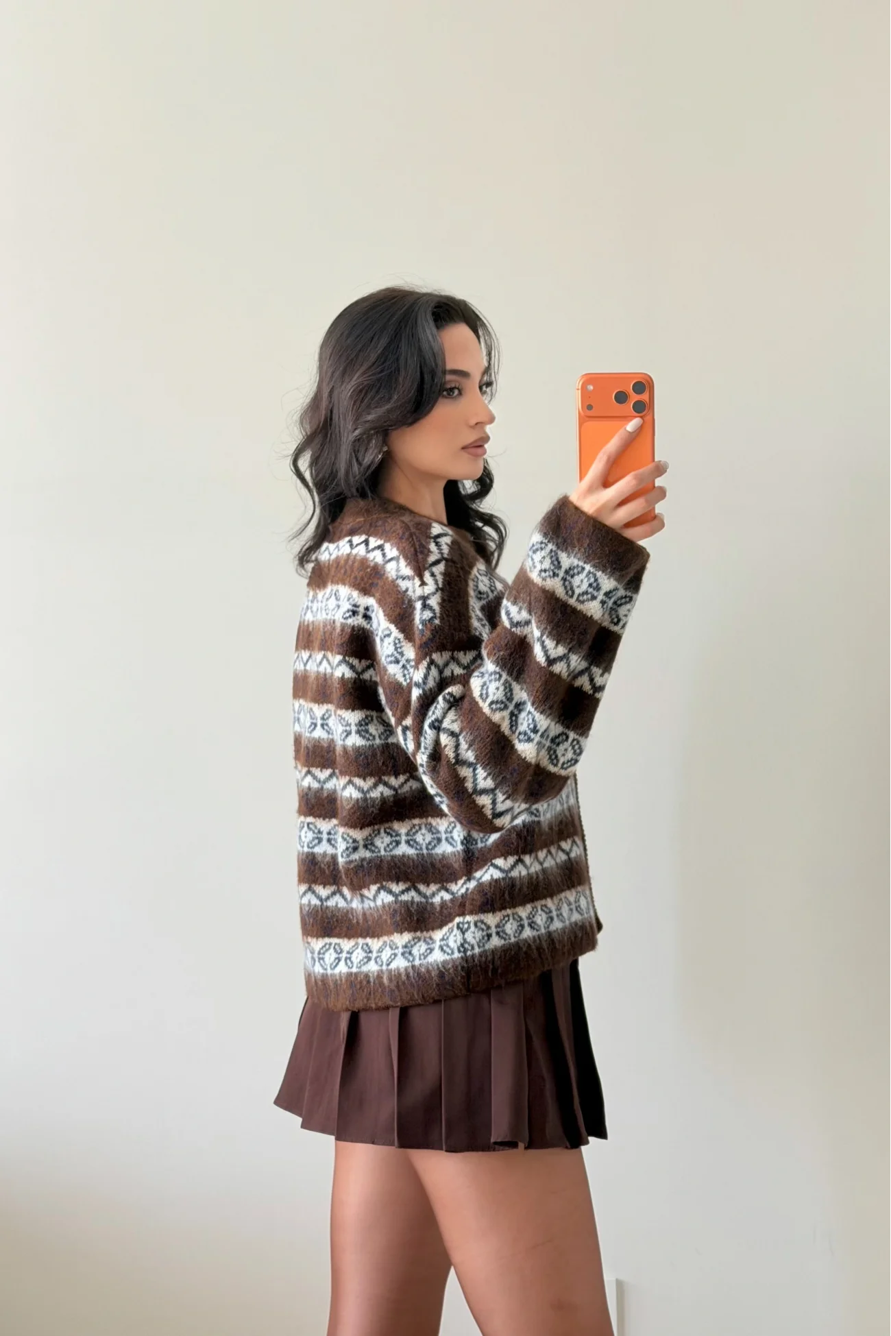 Kadın Kahve Etnik Desen Oversize Hırka 1014-2566