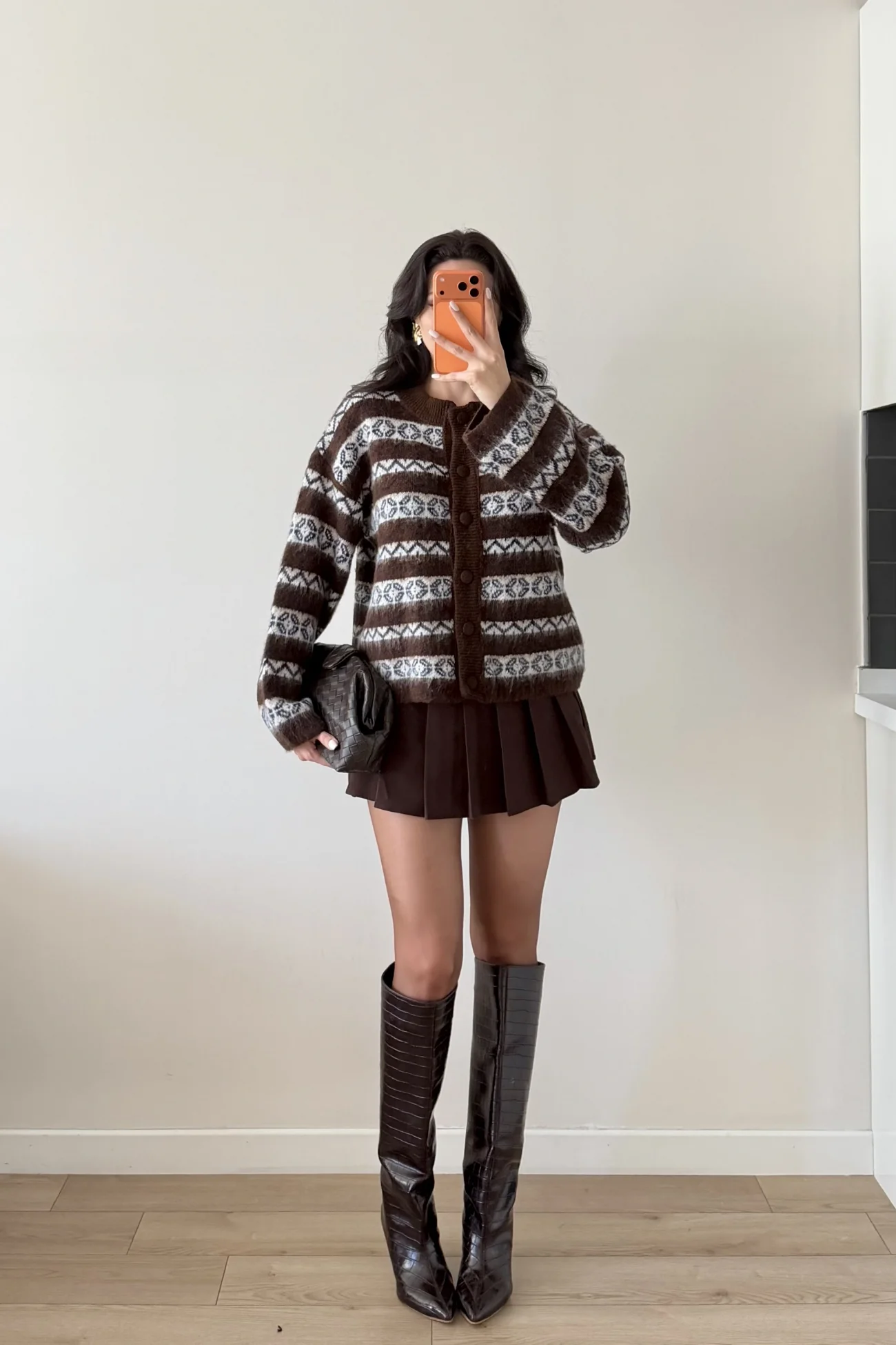 Kadın Kahve Etnik Desen Oversize Hırka 1014-2566