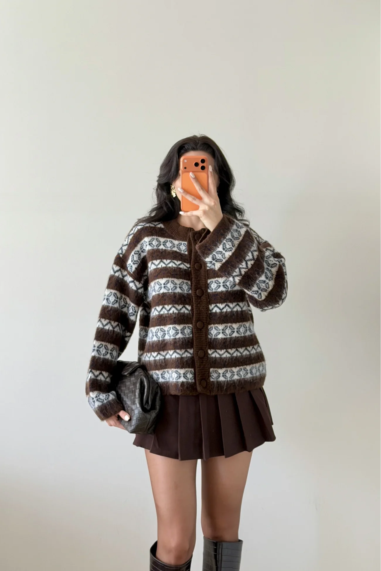 Kadın Kahve Etnik Desen Oversize Hırka 1014-2566