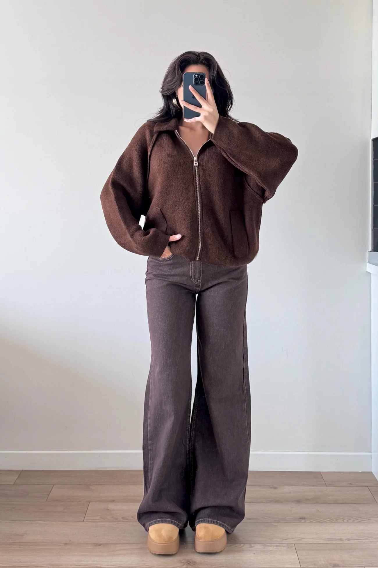 Kadın Kahve Fermuarlı Oversize Hırka 1014-2381