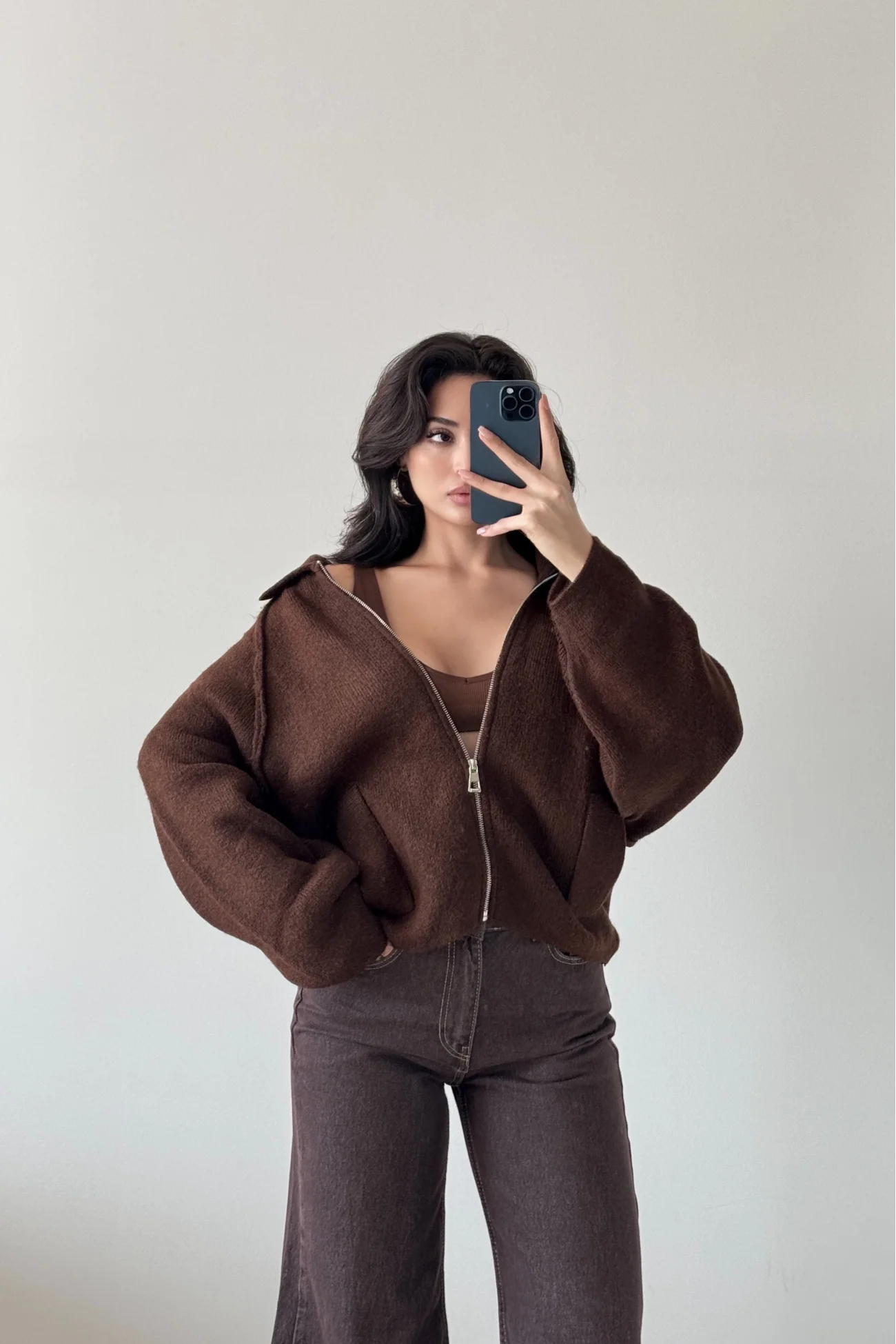 Kadın Kahve Fermuarlı Oversize Hırka 1014-2381
