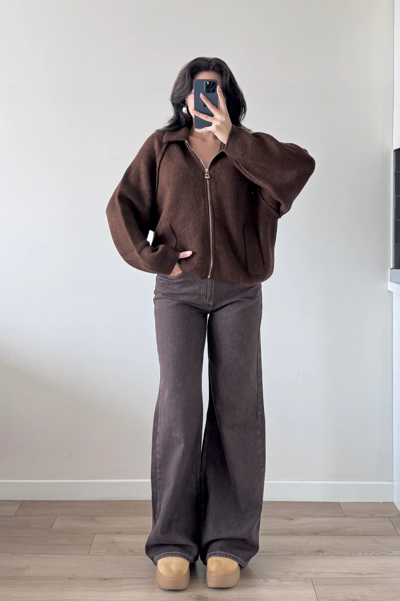 Kadın Kahve Fermuarlı Oversize Hırka 1014-2381