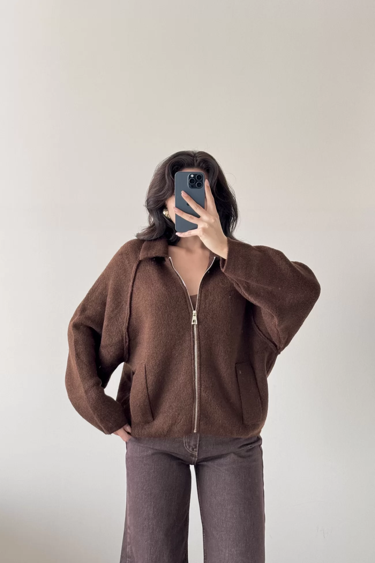 Kadın Kahve Fermuarlı Oversize Hırka 1014-2381