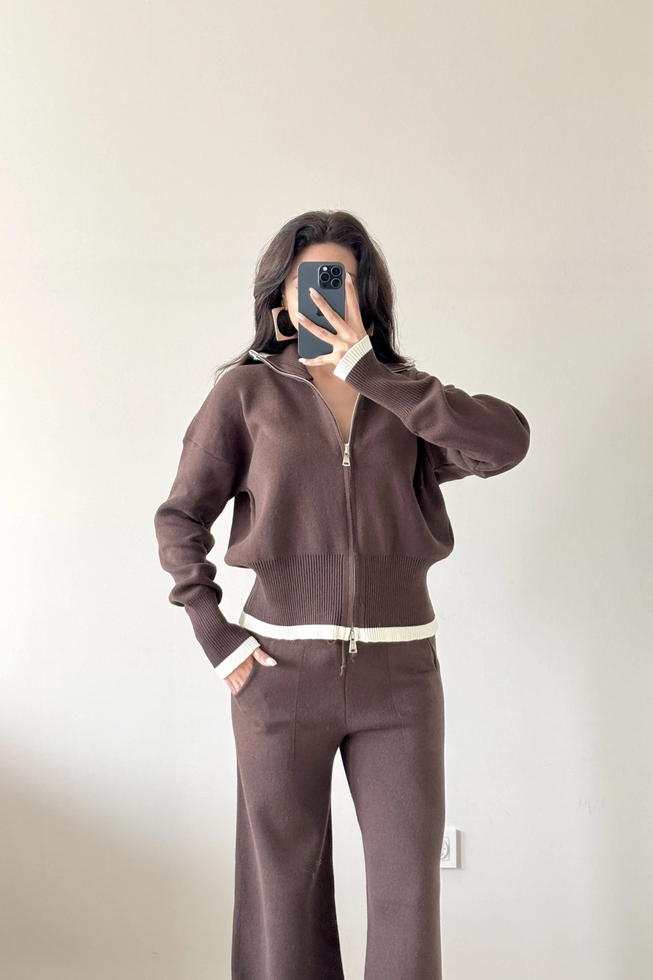 Kadın Kahve Fermuarlı Triko Takım 0999-9508