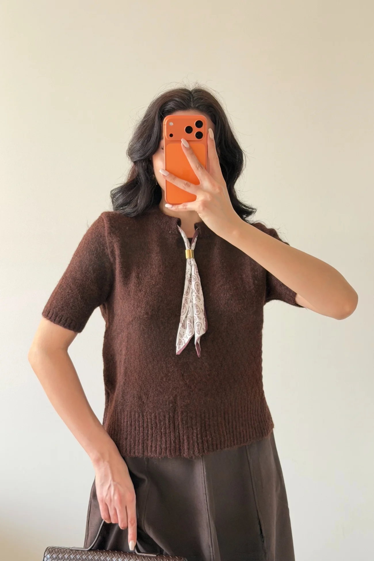 Kadın Kahve Fularlı Kısa Kol Kazak 1014-2536