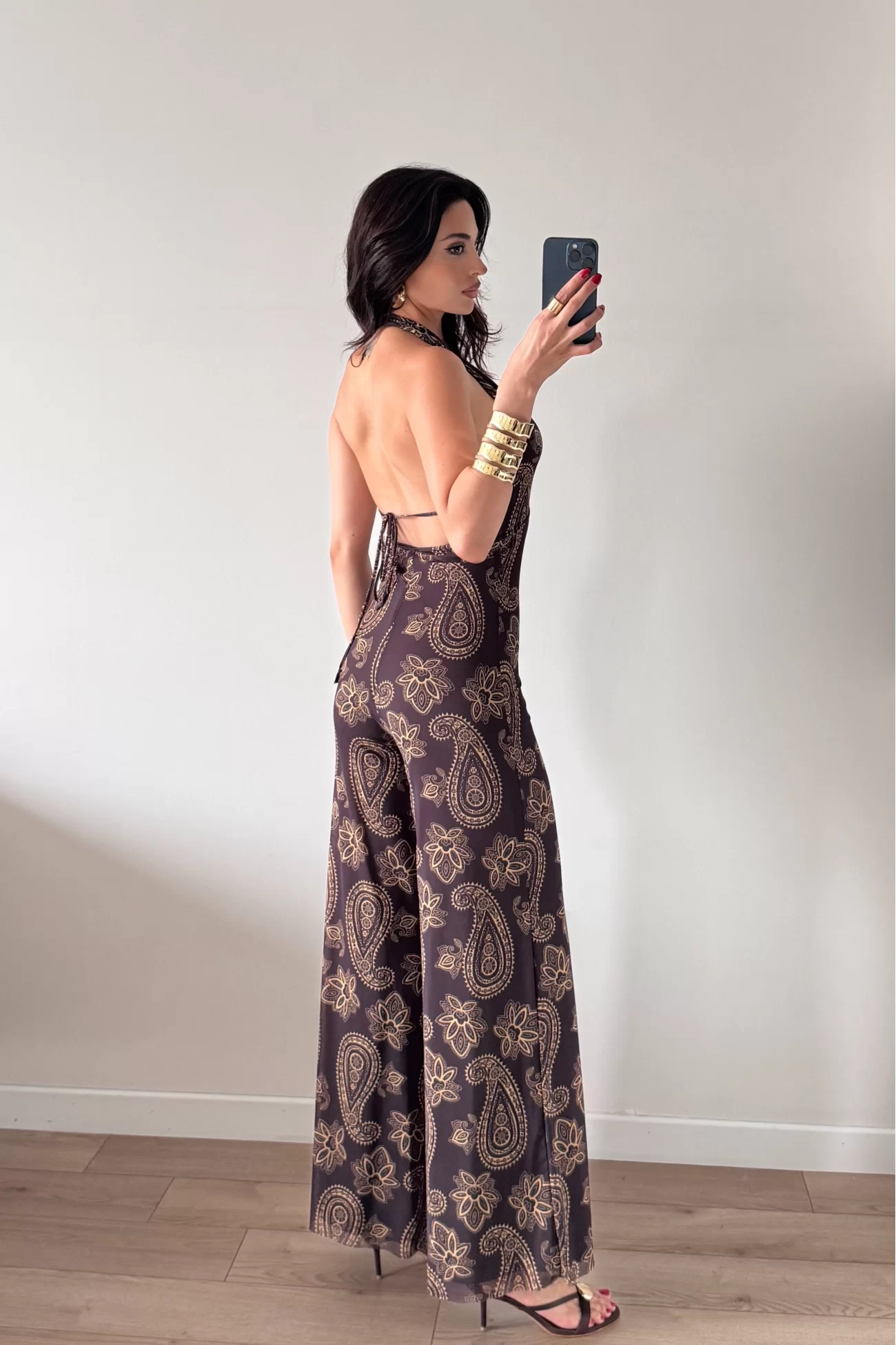 Kadın Kahve Halter Yaka Astarlı Tulum 1017-2539