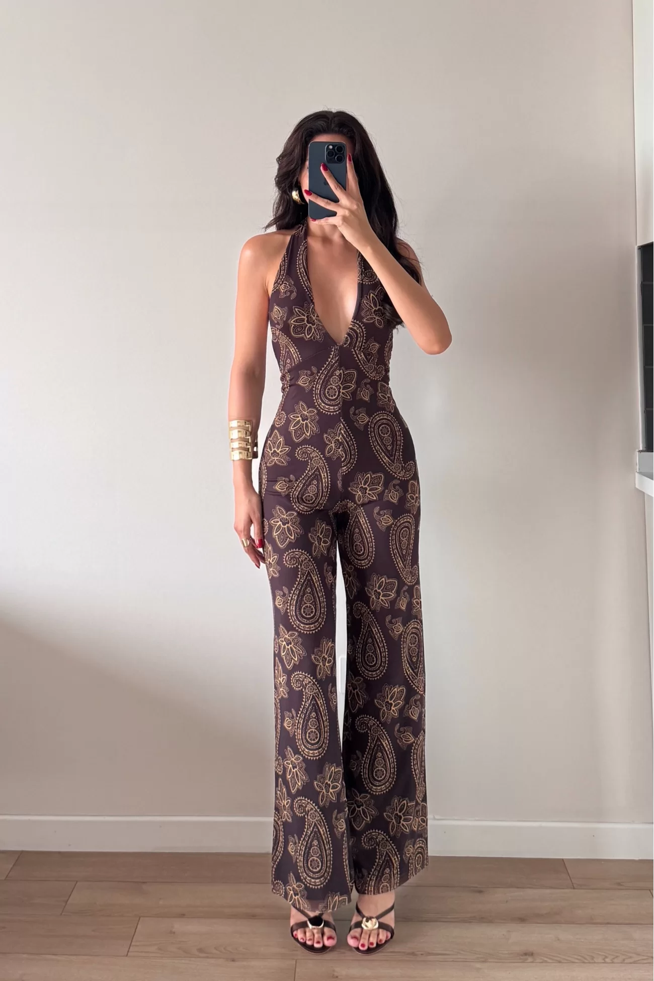 Kadın Kahve Halter Yaka Astarlı Tulum 1017-2539