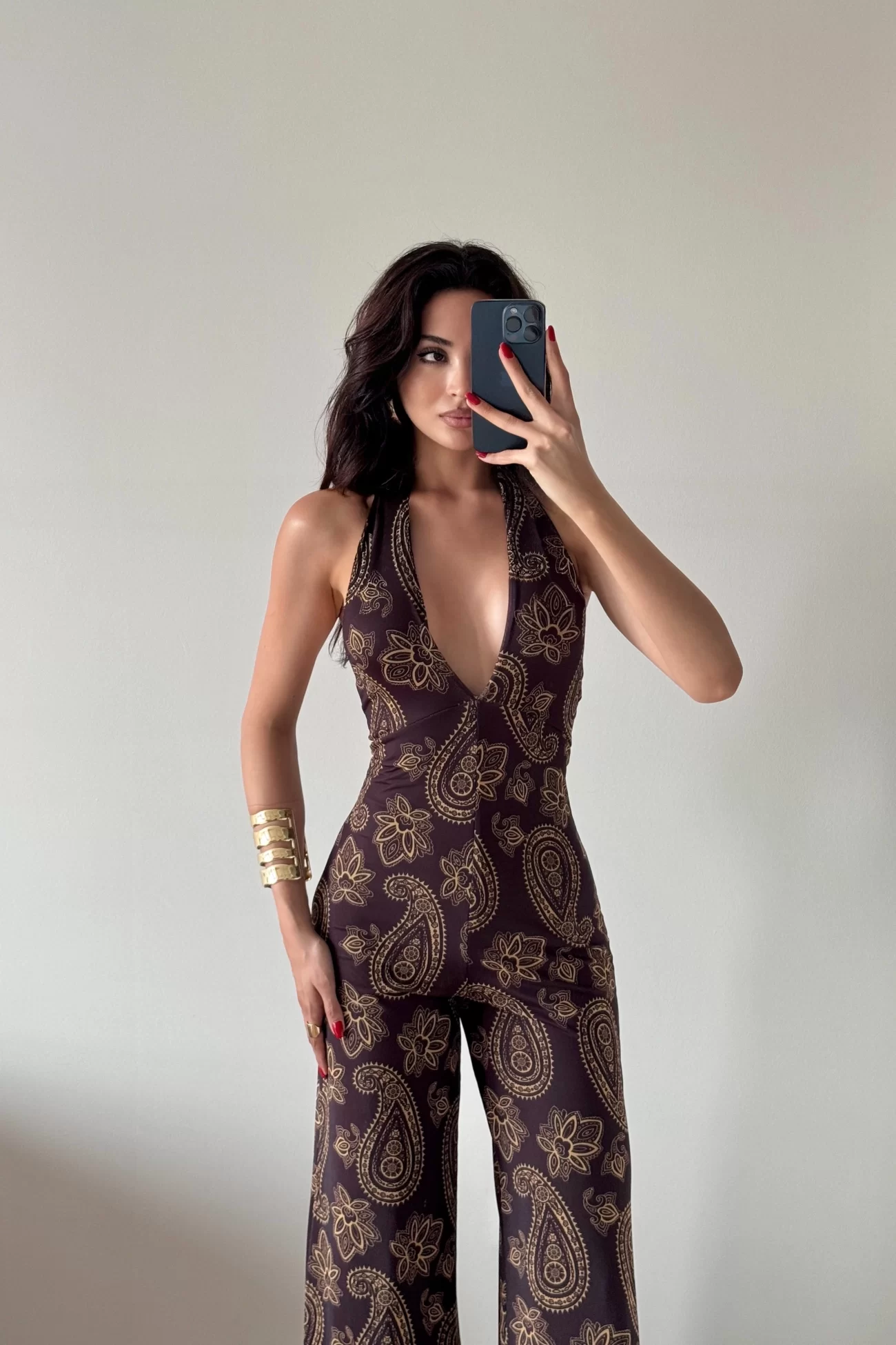 Kadın Kahve Halter Yaka Astarlı Tulum 1017-2539