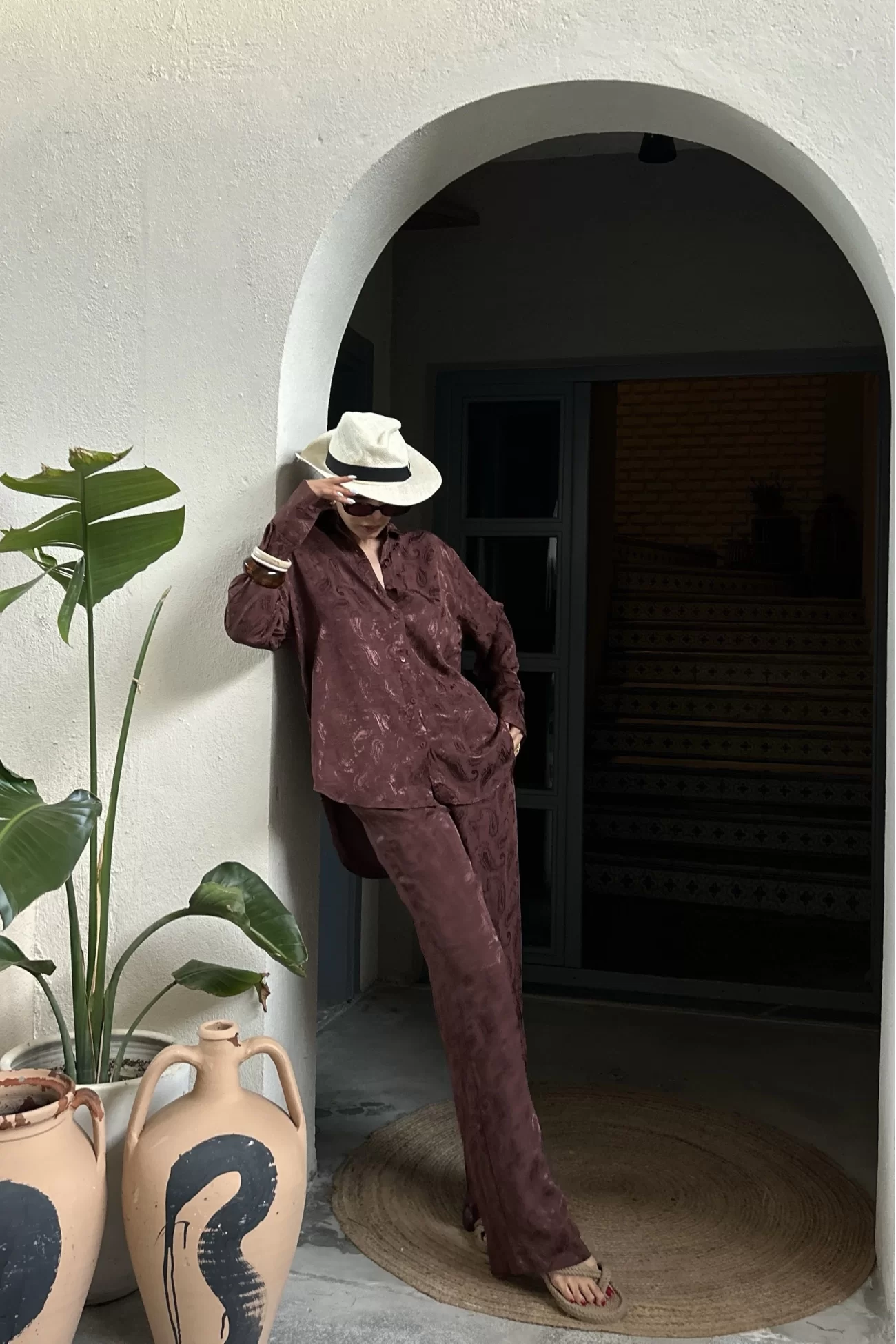 Kadın Kahve Jakarlı Gömlek Pantolon Takım 0999-25018