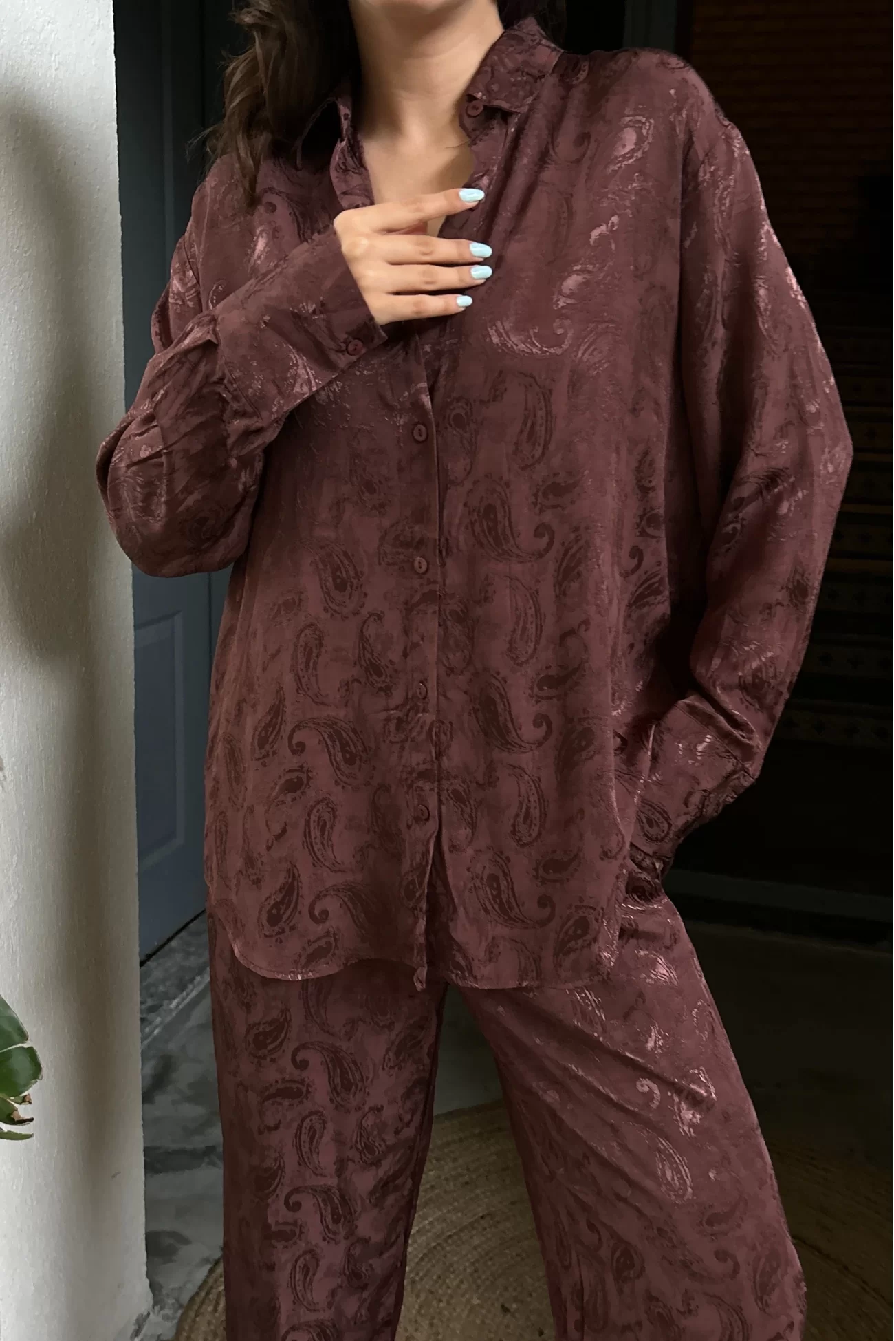 Kadın Kahve Jakarlı Gömlek Pantolon Takım 0999-25018