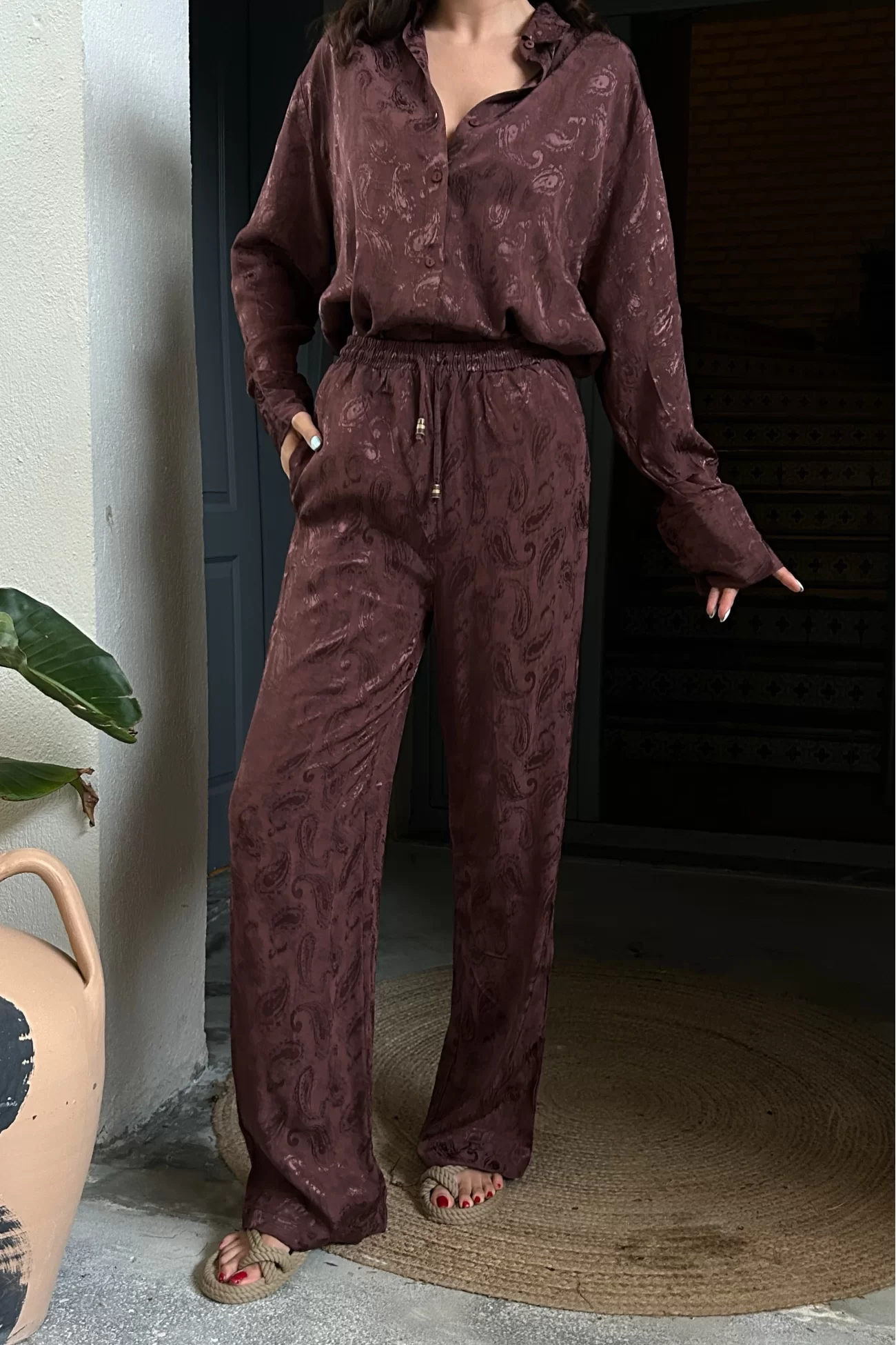 Kadın Kahve Jakarlı Gömlek Pantolon Takım 0999-25018