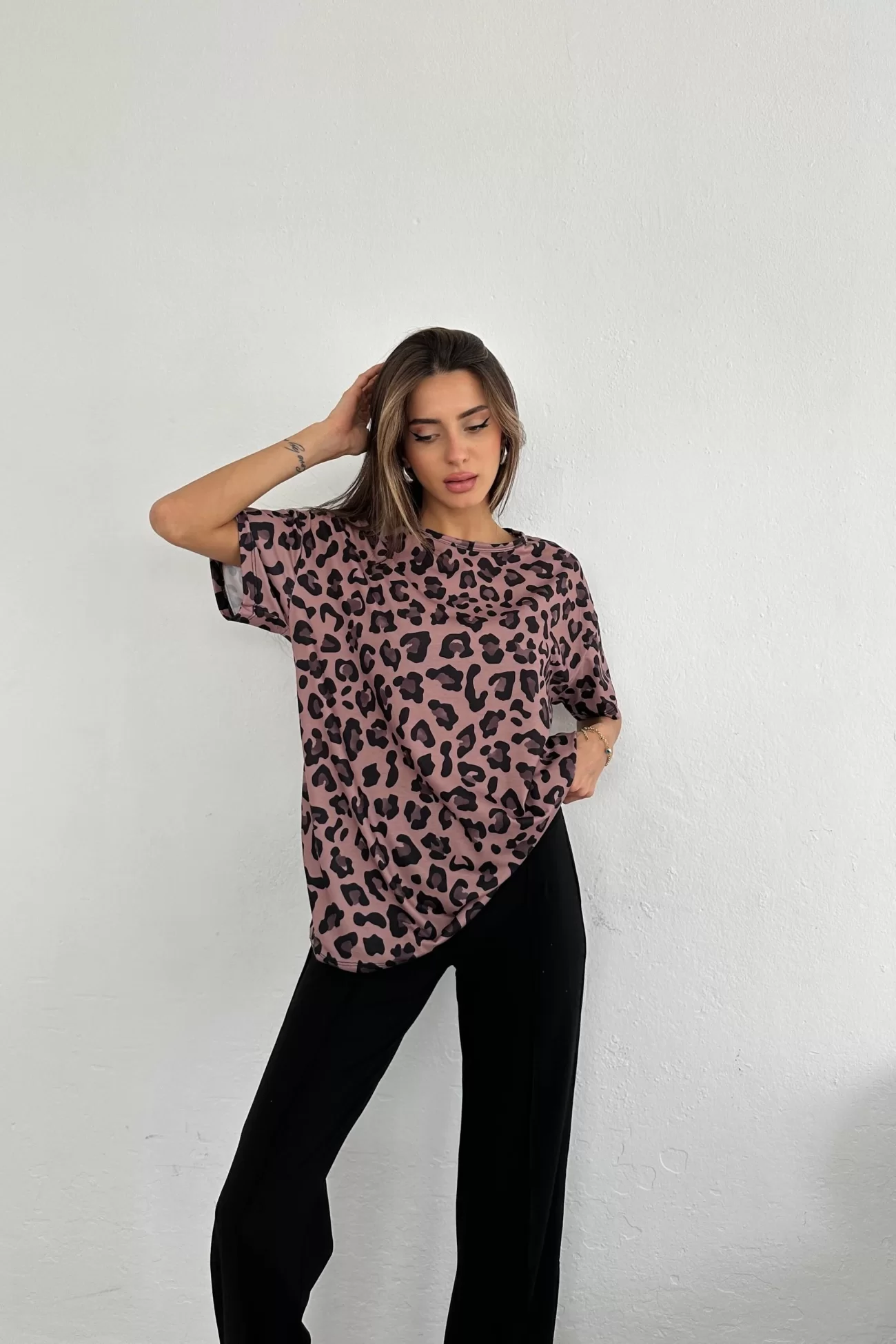 Kadın Kahve Leopar Desen T-shirt 0999-24098