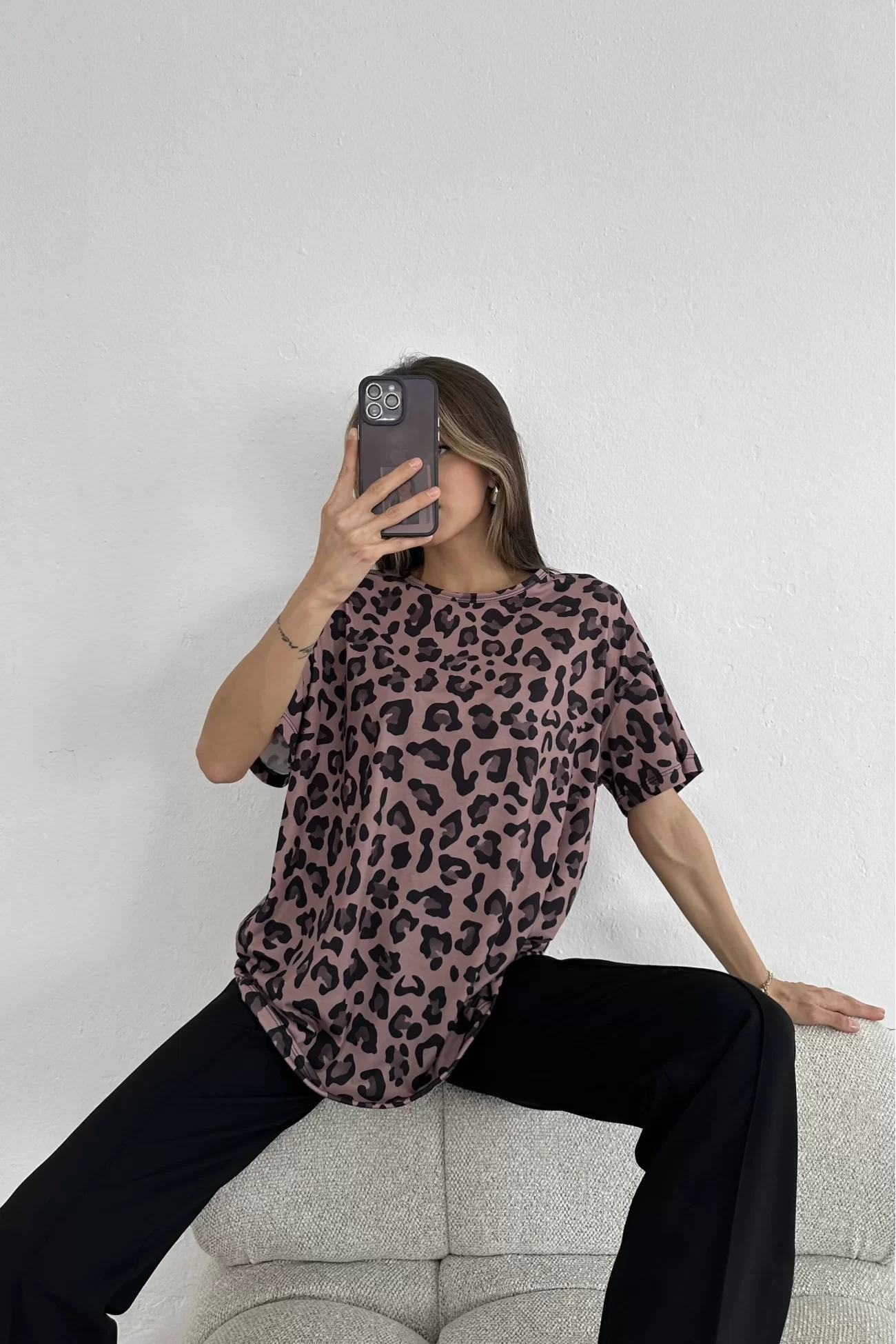 Kadın Kahve Leopar Desen T-shirt 0999-24098