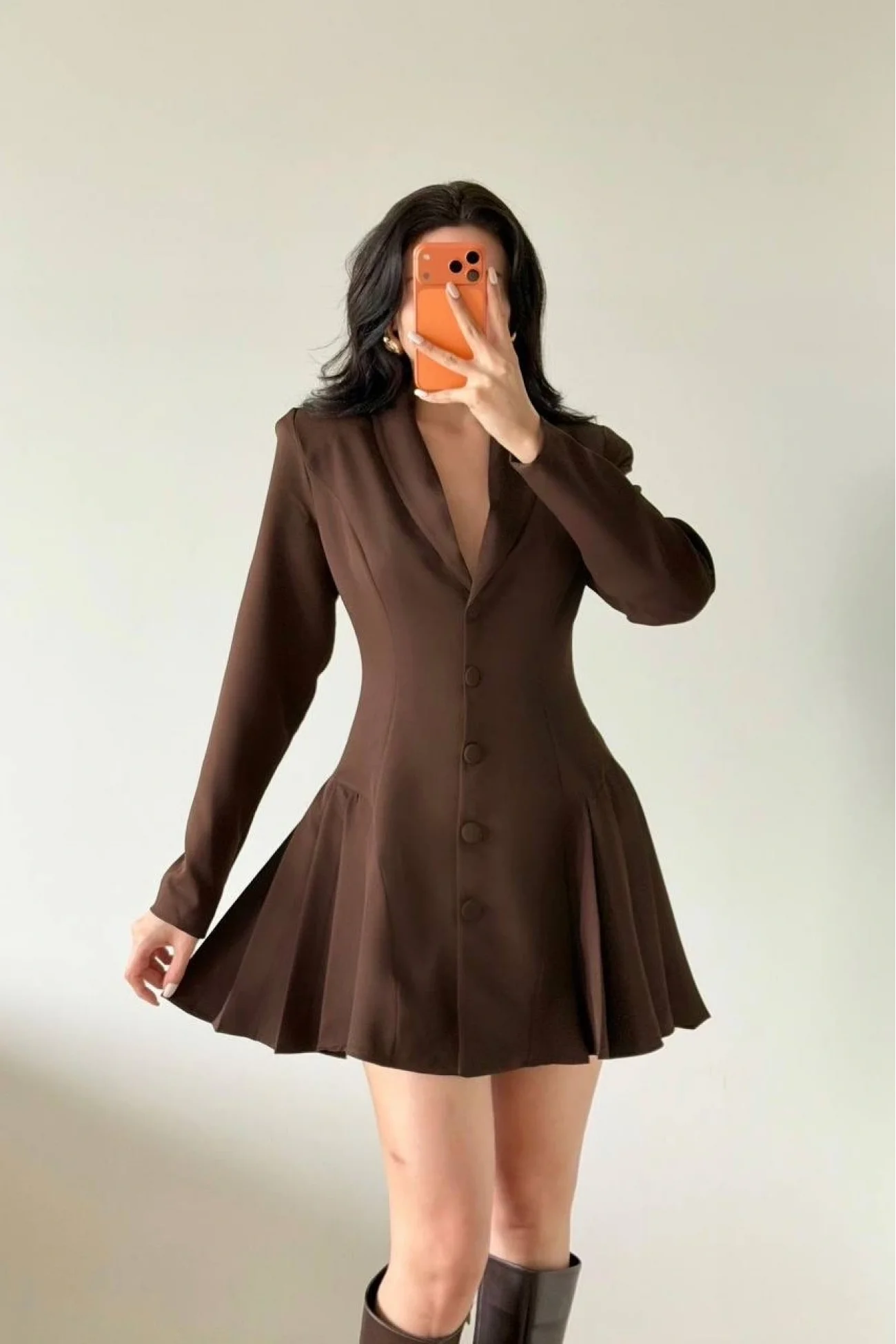 Kadın Kahve Pileli Ceket Elbise 1041-2707